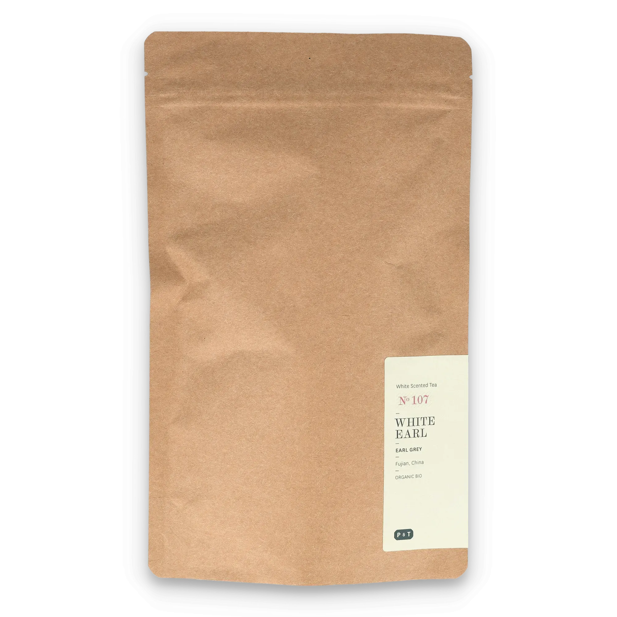 Braune Kraftpapierverpackung mit Label für White Earl Bio-Weißer Tee aus Fujian, China.