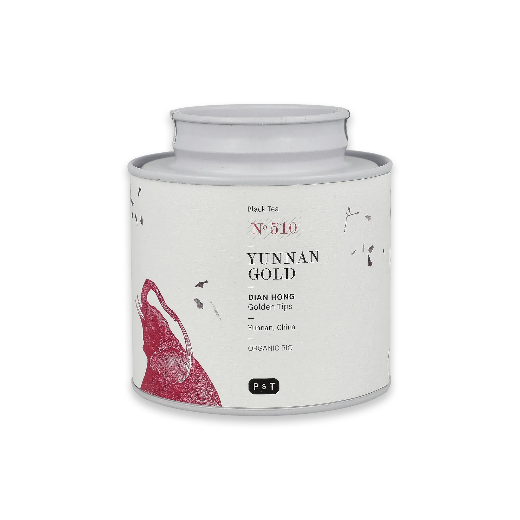 Mattweiße zylindrische Dose mit rotem Elefantenmotiv und schwarzer Schrift für YUNNAN GOLD DIAN HONG Tee.