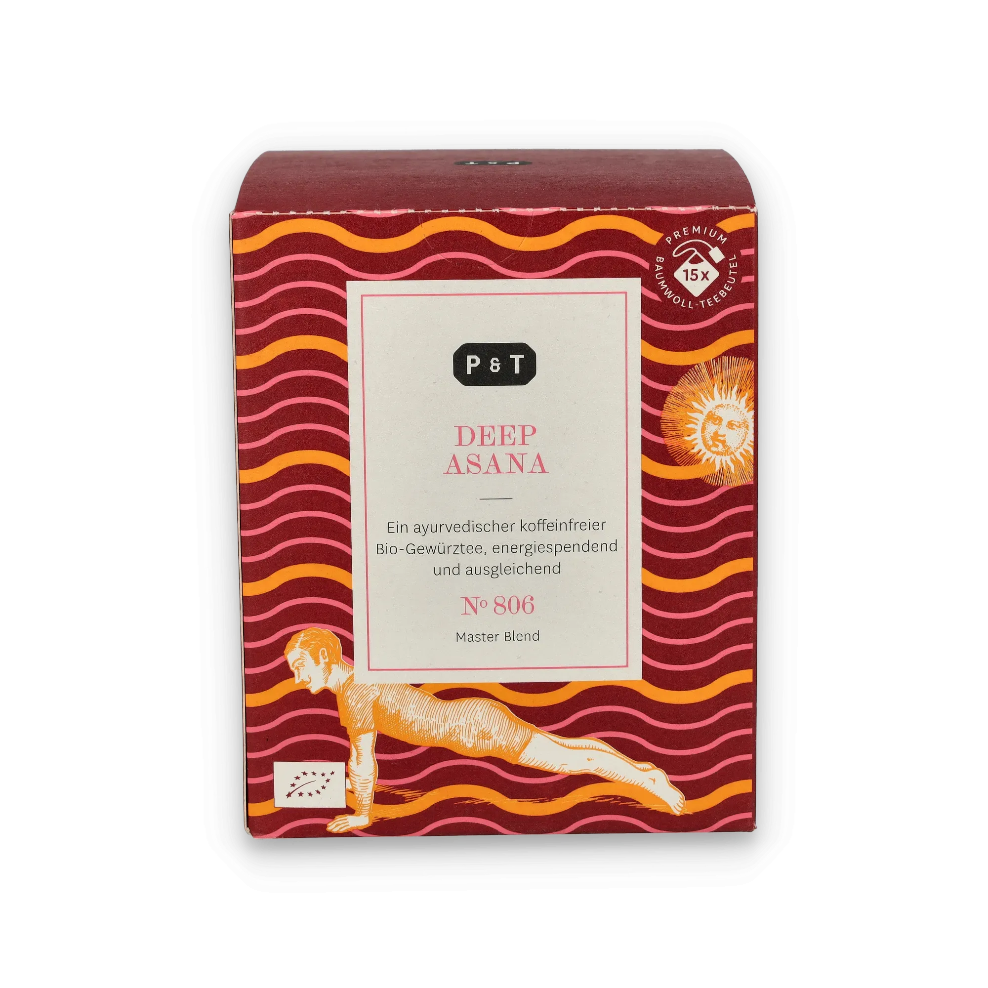 Bunte Verpackung des ayurvedischen Bio-Gewürztees DEEP ASANA mit Baumwoll-Teebeuteln und Yoga-Illustrationen.