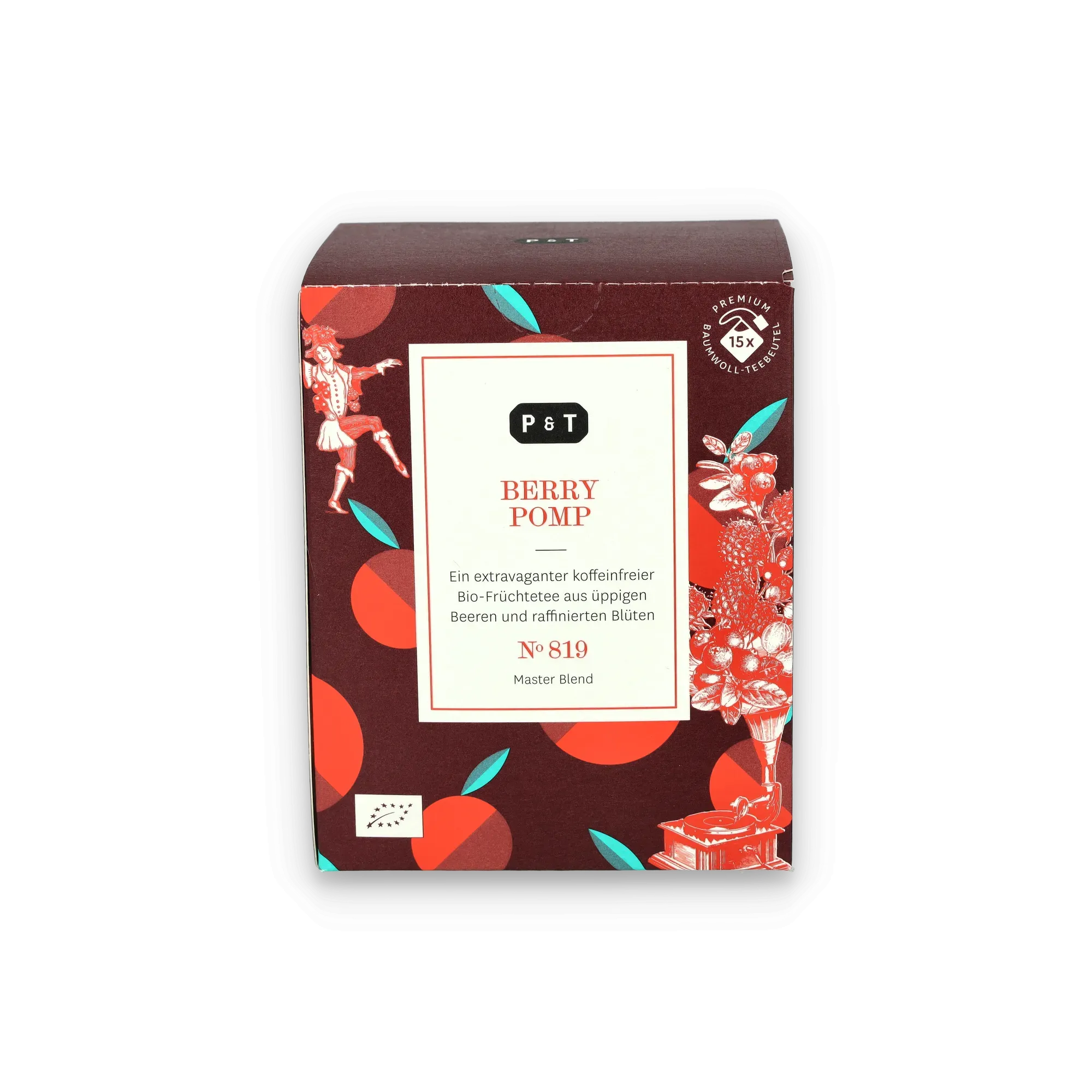 Rechteckige Teeschachtel BERRY POMP von P & T, veganer Bio-Früchtetee, Premium Baumwoll-Tee-Beutel, Vintage-Design.