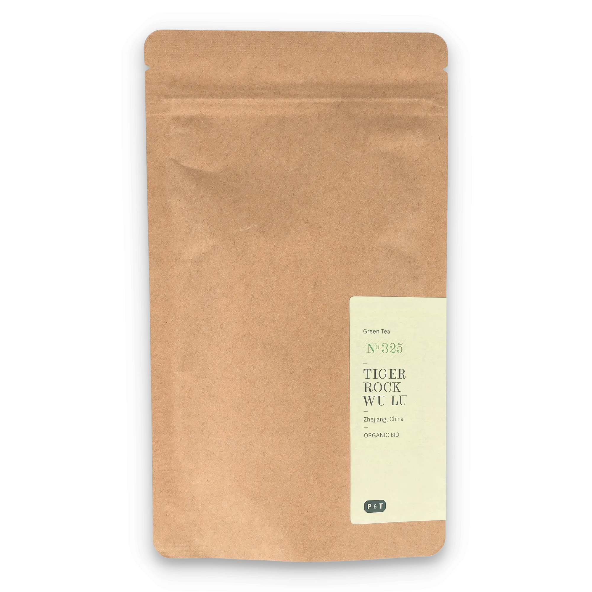 Braune Kraftpapiertüte mit Etikett für Bio-Grüntee Tiger Rock Wu Lu aus China von P & T.
