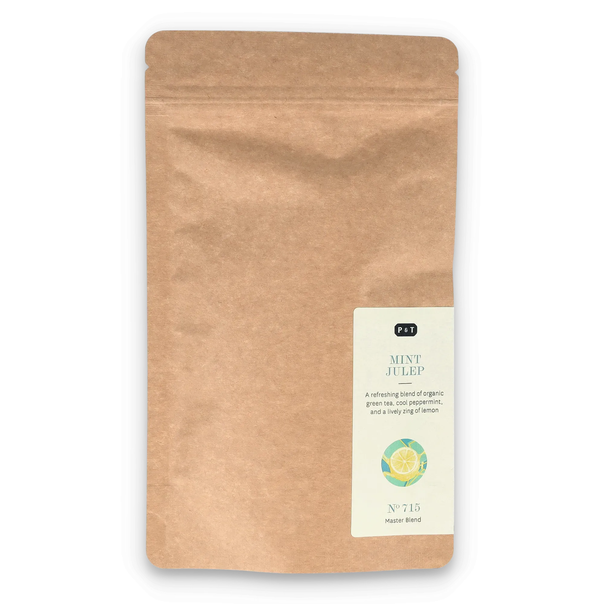 Braune Kraftpapier-Tüte mit P & T Etikett, MINT JULEP Bio-Grüntee mit Pfefferminze und Zitrone.