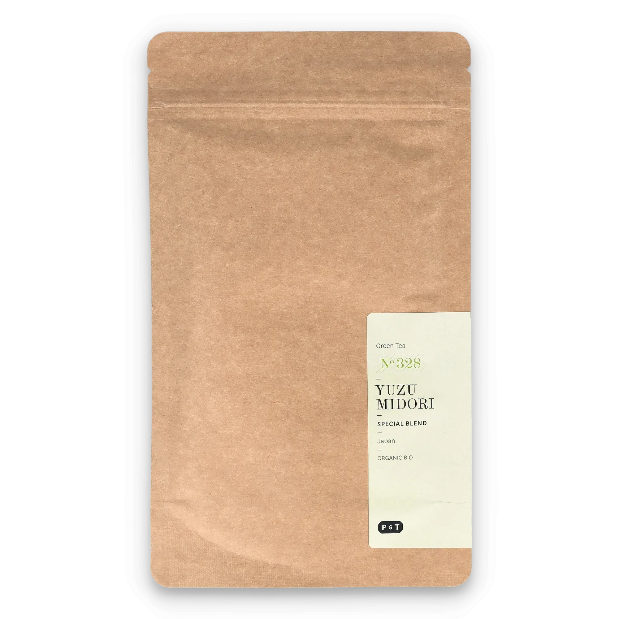 Braune Kraftpapierverpackung mit weißem Etikett für Bio-Green Tea YUZU MIDORI No 328 von P & T.