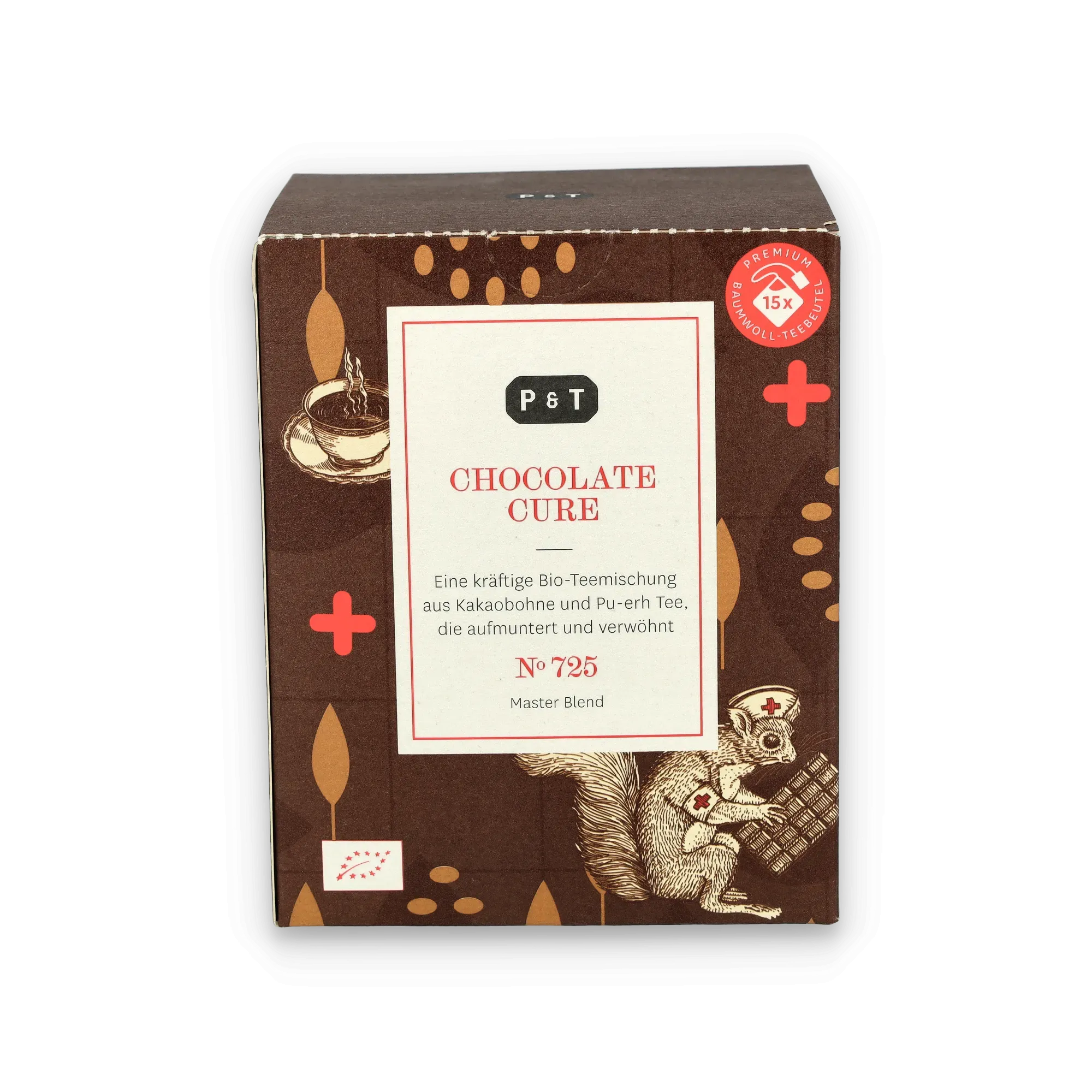 Vorderseite der P & T Chocolate Cure Bio-Teemischung mit Kakao und Pu-erh Tee in 15 Baumwoll-Teebeuteln