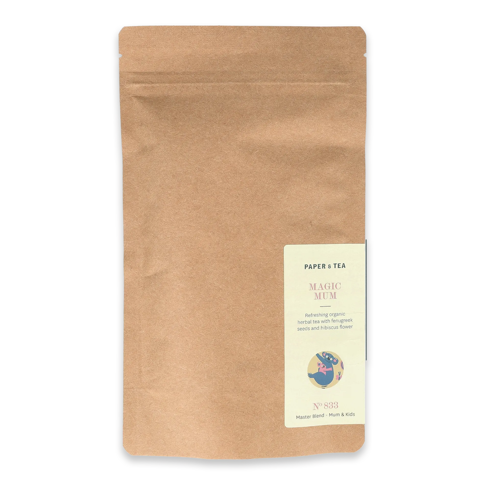 Brauner Kraftpapierbeutel mit cremefarbenem Label und pinkem MAGIC MUM Design, Bio-Kräutertee.