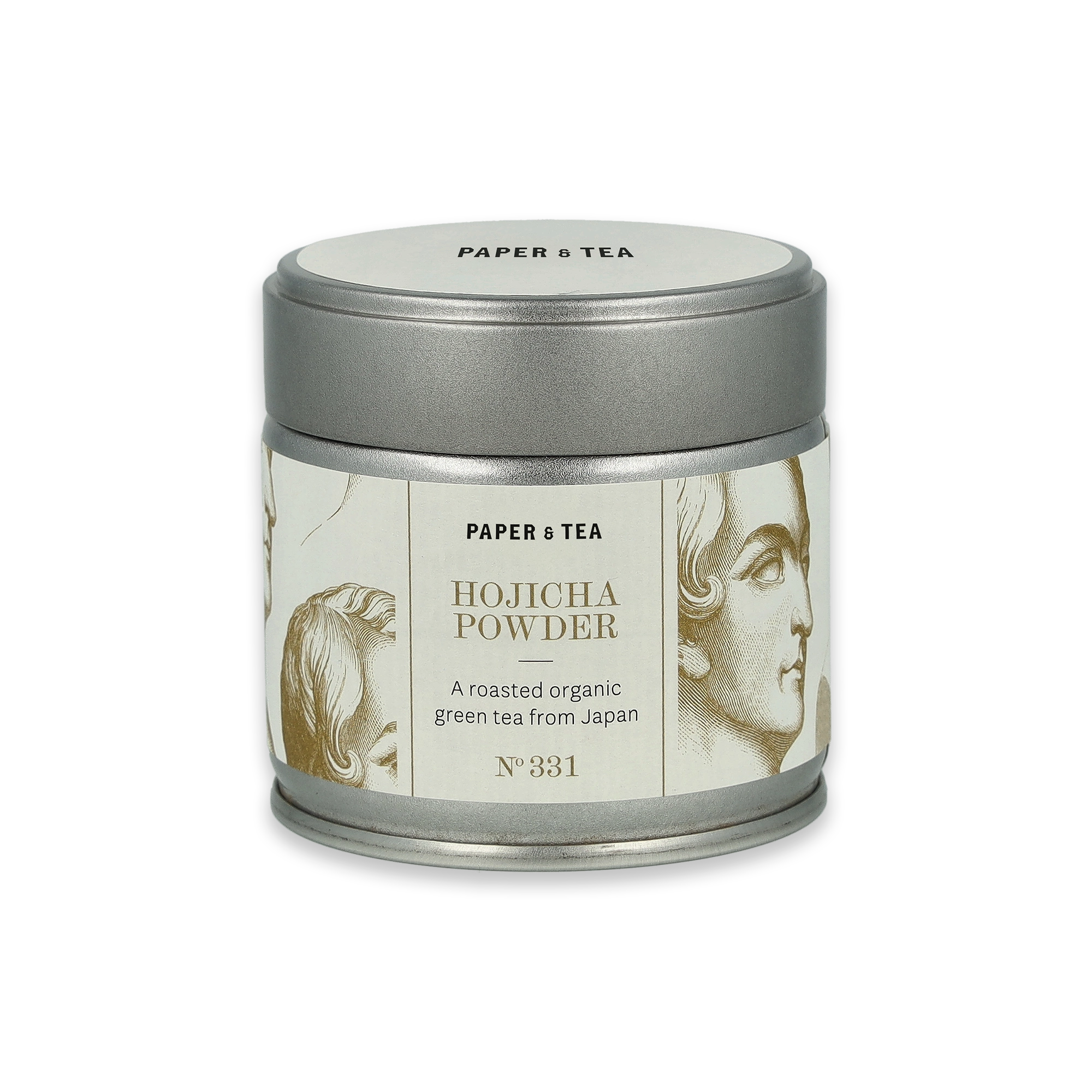 Elegante Metall-Teedose mit HOJICHA POWDER Etikett, biologischer gerösteter Grüntee von PAPER & TEA, Japan
