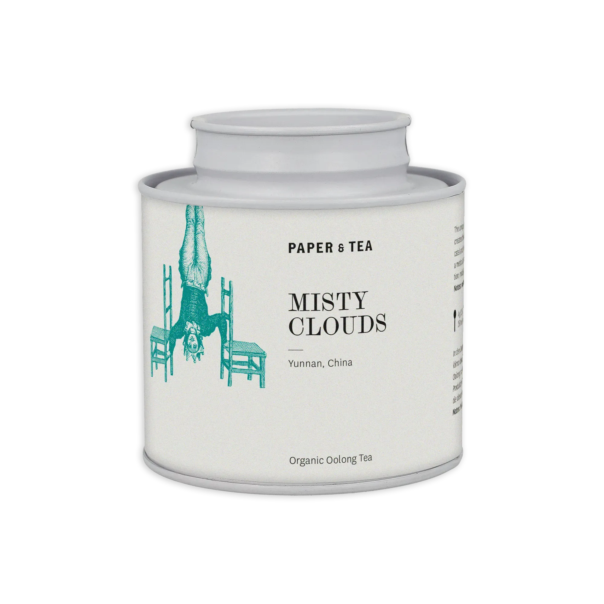 Weiße Teedose mit Vintage-Illustration, Aufschrift PAPER & TEA Misty Clouds, Oolong-Tee aus Yunnan.