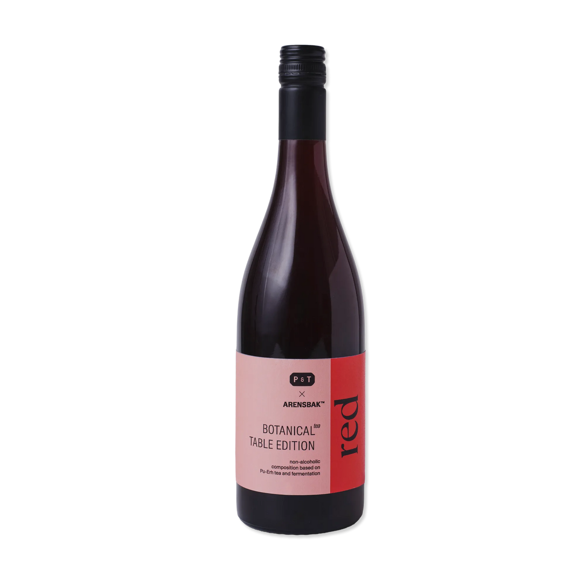 Dunkle Glasflasche mit schwarzem Schraubverschluss und pink-rotem Etikett, P&T Arensbak Pu-Erh Tee