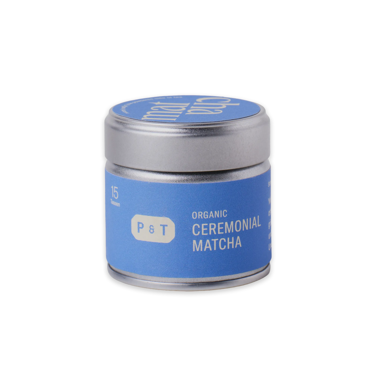 Silberne Zinnbox mit blauem Etikett, P&T Bio Ceremonial Matcha für 15 Tassen