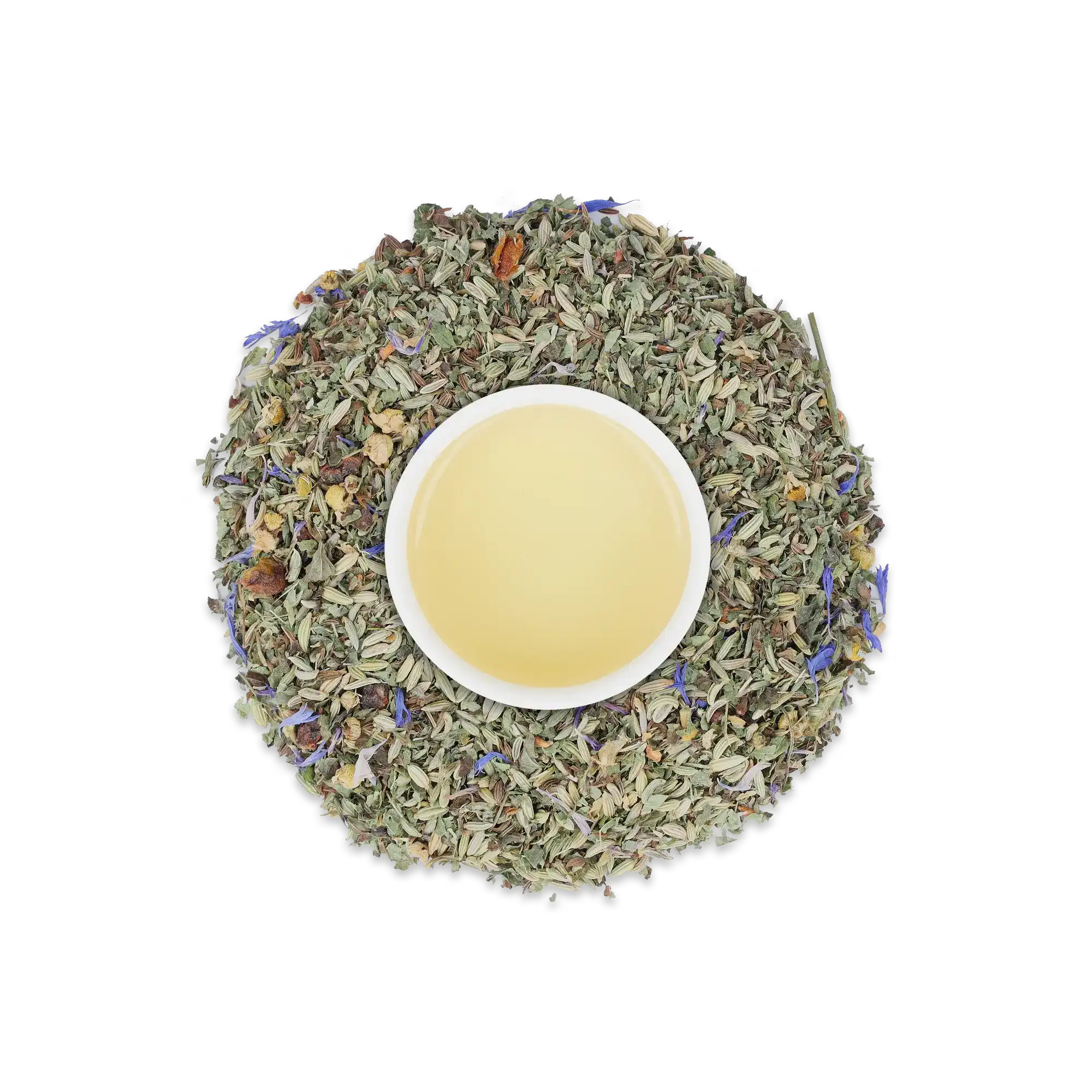 Weiße Tasse mit hellgelbem Kräutertee, umgeben von Fenchel, Kamille, Melisse, Ringelblume, Schafgarbe und Koriander