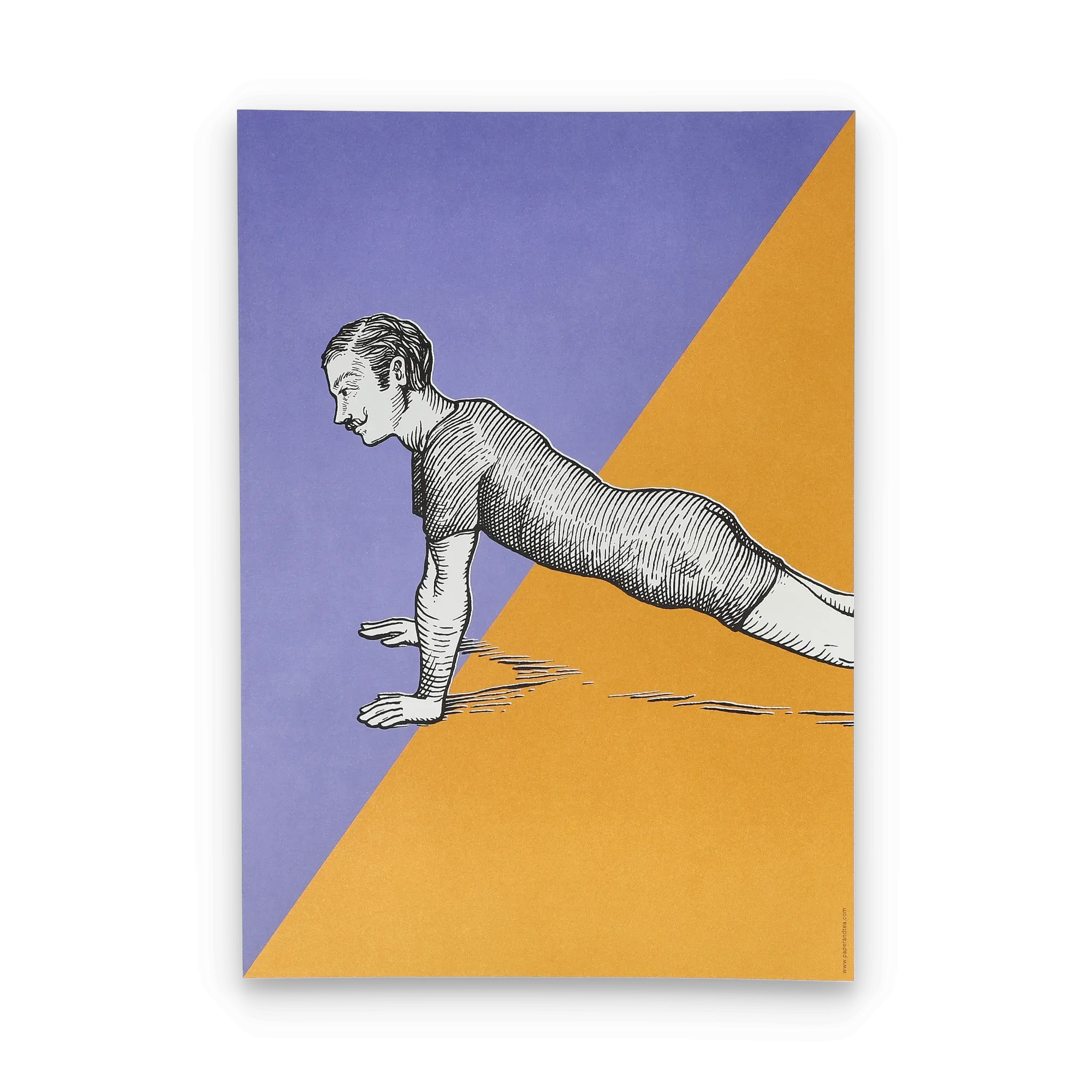 Vintage-Zeichnung eines Mannes mit Schnurrbart beim Liegestütz vor lila-orangefarbenem Hintergrund.