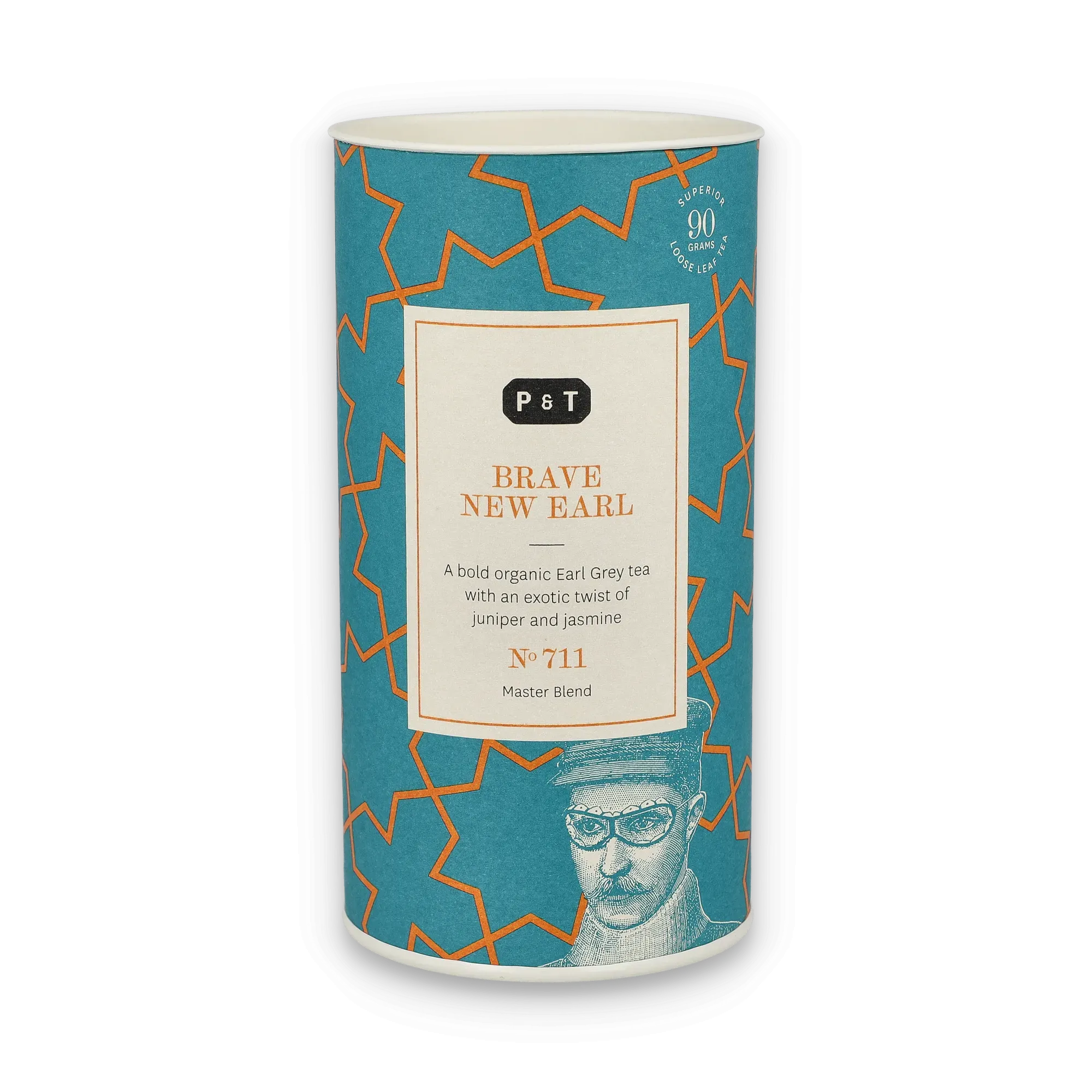 Zylindrische Teedose in Türkis mit orangem Sternmuster, Aufschrift Brave New Earl, Bio-Earl-Grey-Tee.