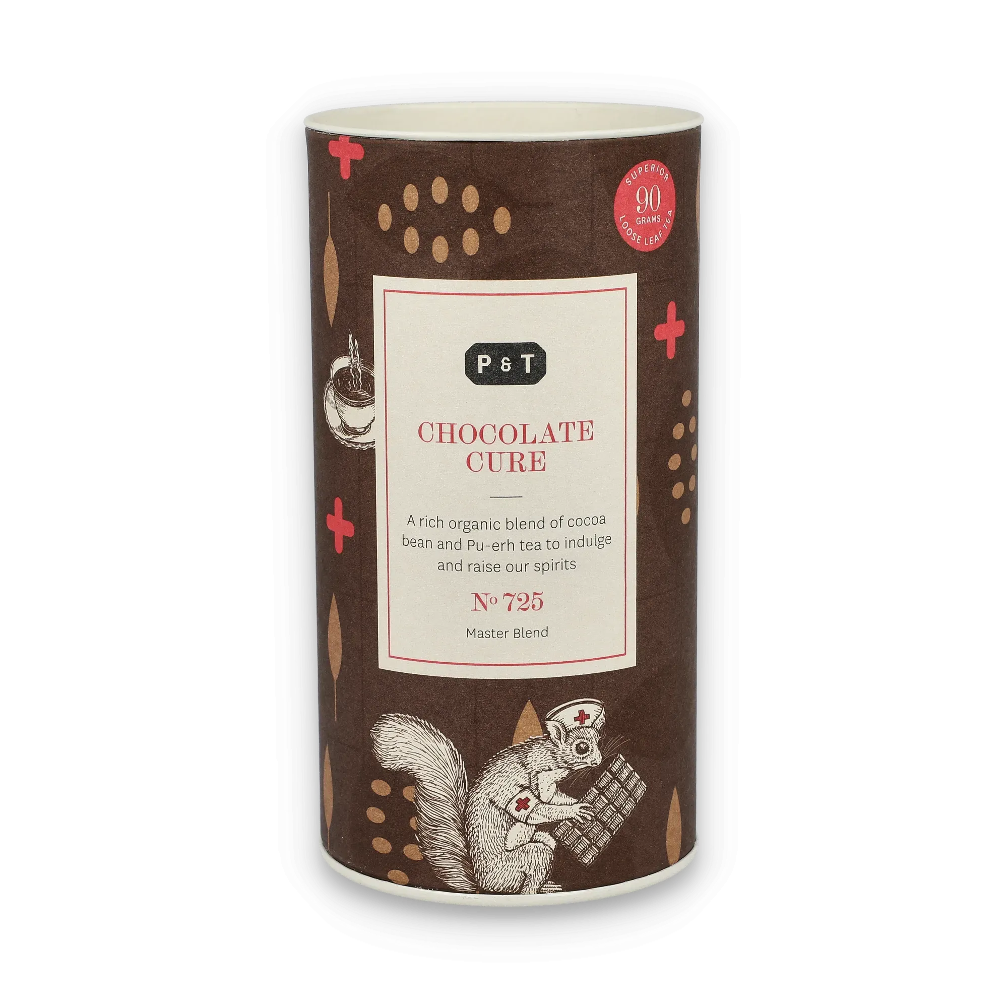 Braune Teedose mit P & T Chocolate Cure, verziert mit Eichhörnchen und Kakaobohnen.