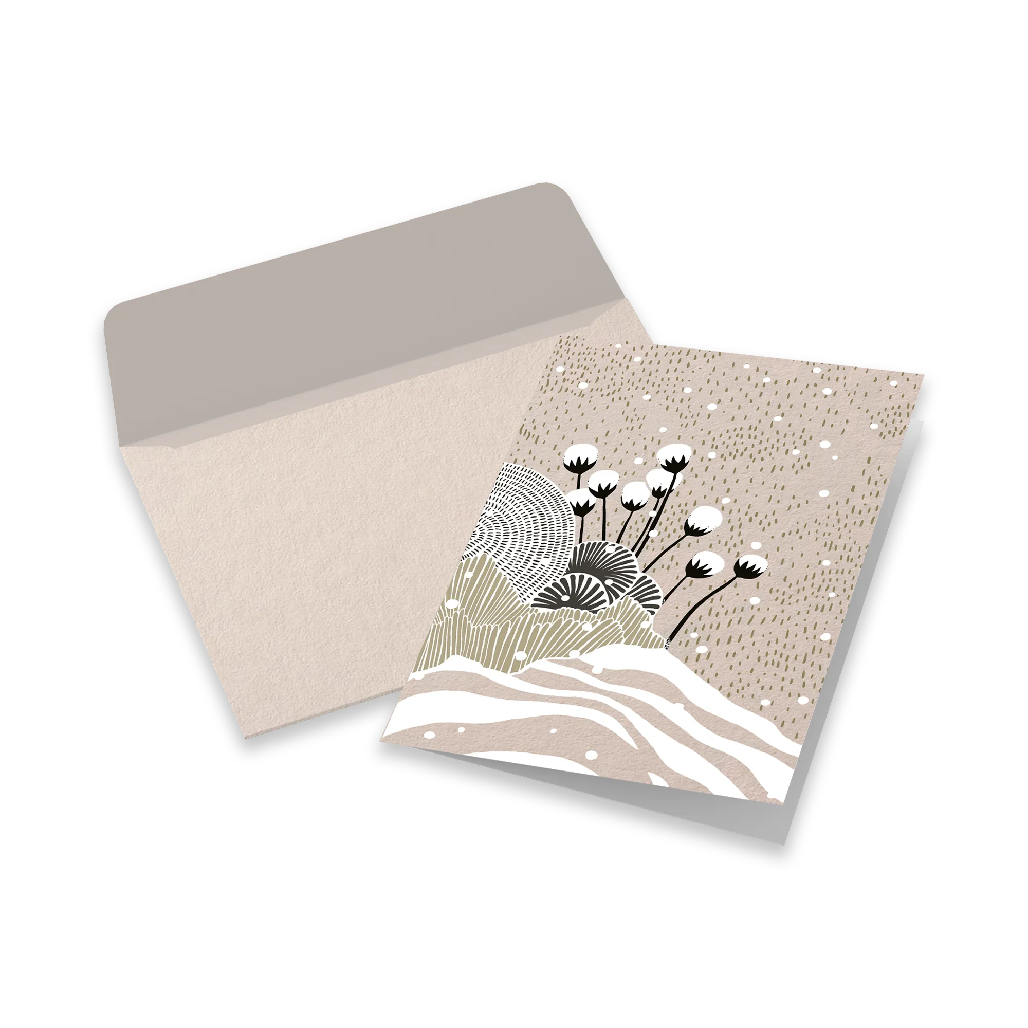 Grußkarte mit botanischem Design in Beige und Grün, offener Umschlag mit strukturierter Innenseite