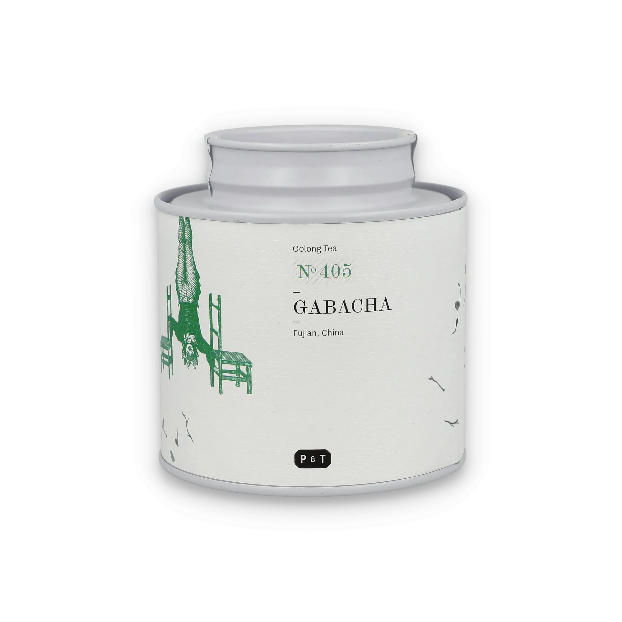 Weiße zylindrische Verpackung mit minimalistischer grüner und schwarzer Beschriftung für Paper & Tea Oolong Nr. 405 Gabacha.