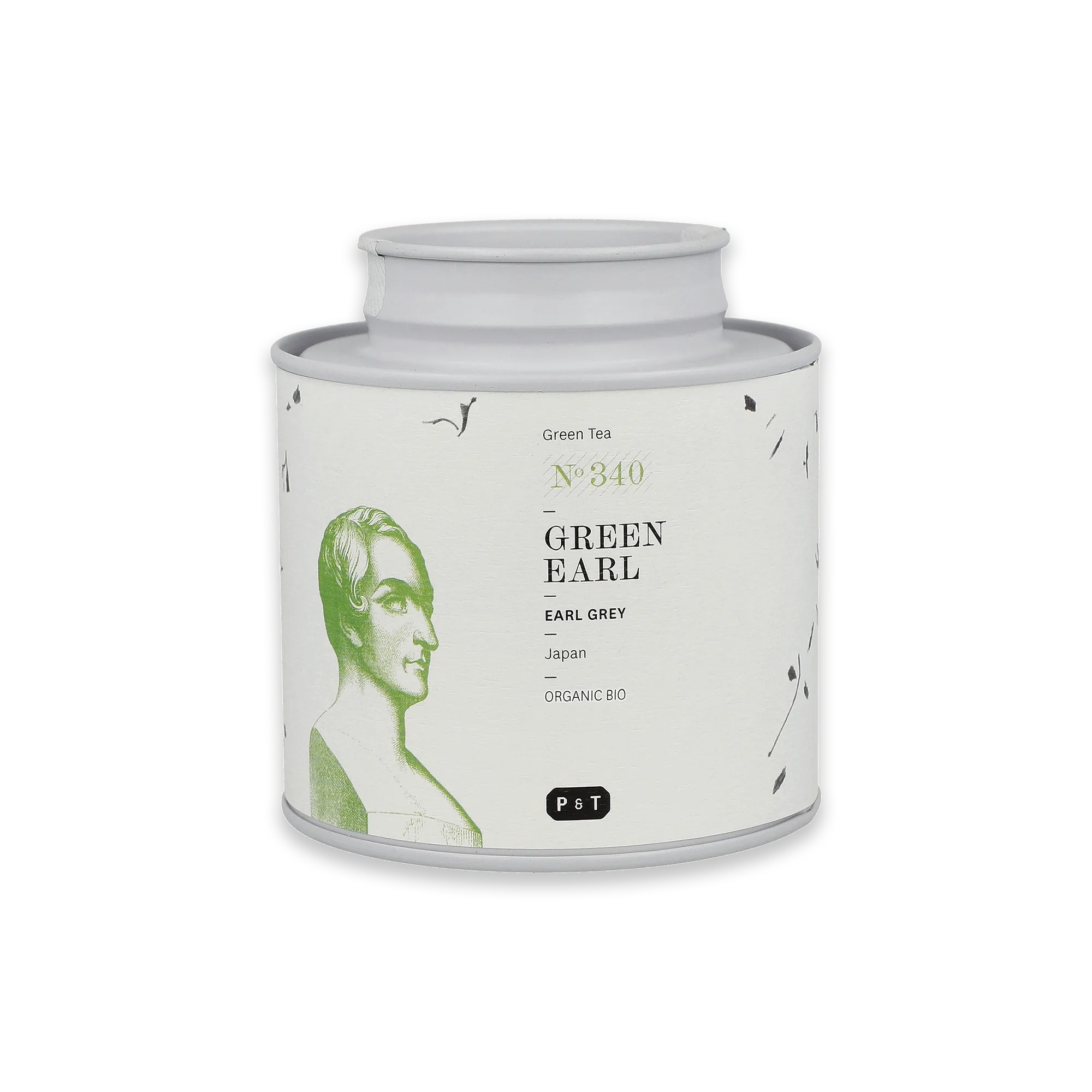 Weiße Teedose mit grünem Design, beschriftet mit GREEN EARL Bio-Earl-Grey Grüntee aus Japan.