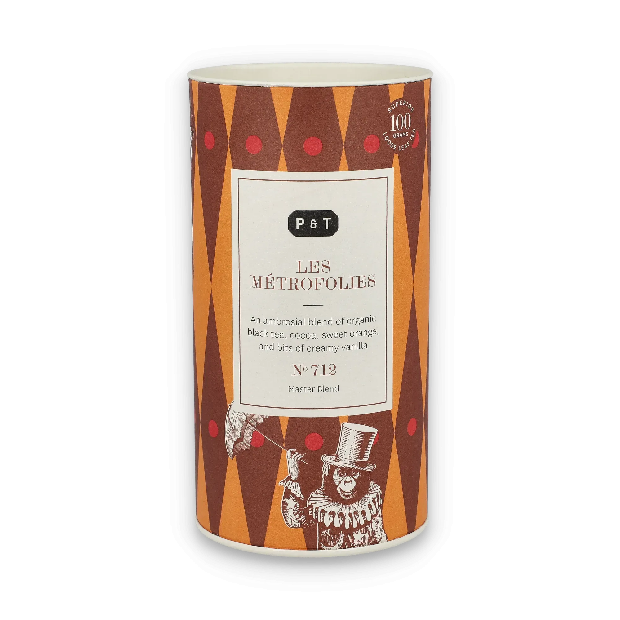 Zylindrische Dose mit braun-orangefarbenem Diamantmuster von P & T, Bio-Schwarztee mit Kakao und Vanille.