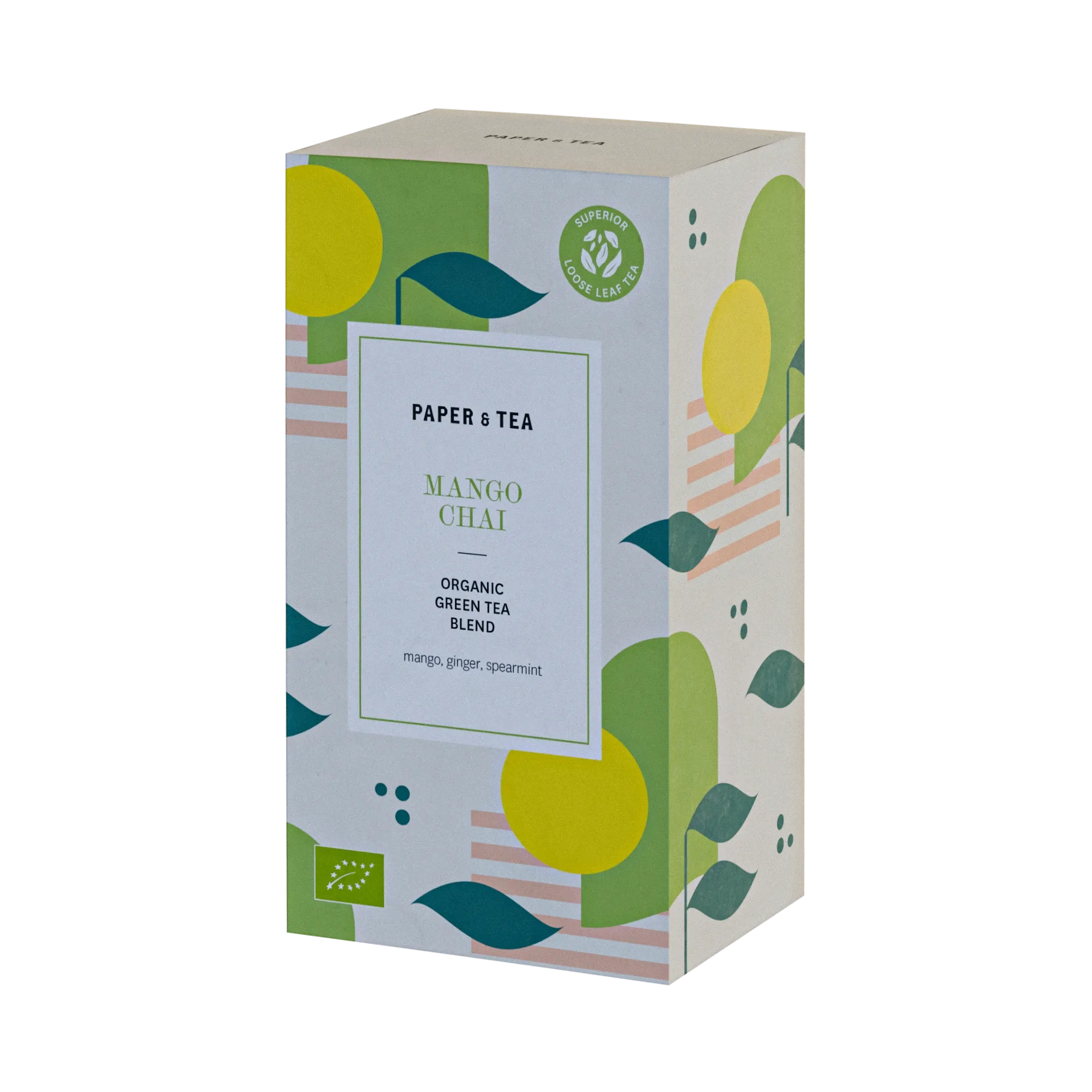 Rechteckige Packung PAPER & TEA Mango Chai, Bio-Grüntee mit Mango, Ingwer und Minze, modernes Design.