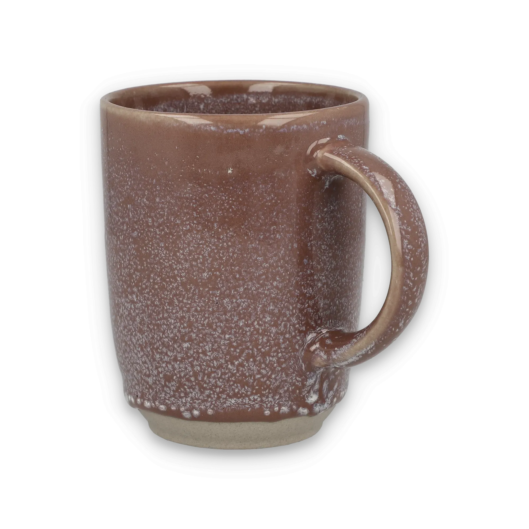 Keramikbecher mit gesprenkelter brauner Glasur und unglasiertem beigen Boden im rustikalen Stil.
