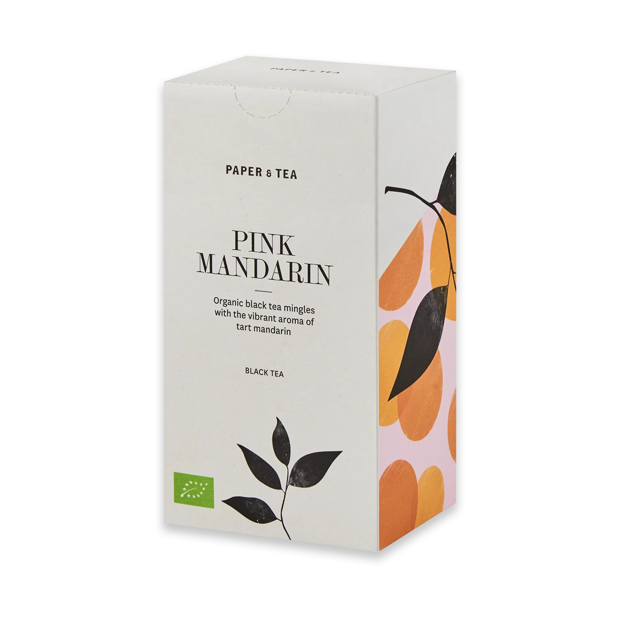 Verpackung von PAPER & TEA Pink Mandarin Bio-Schwarztee mit grünem Bio-Siegel.