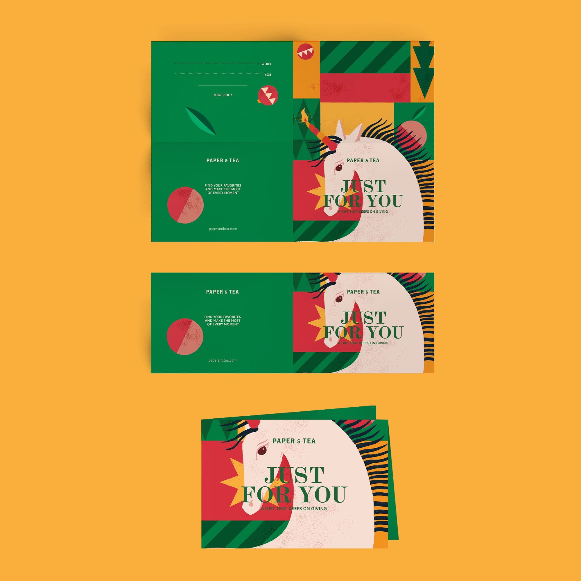PAPER & TEA Geschenkgutschein mit weißem Einhorn und Text „JUST FOR YOU“ auf gelbem Hintergrund.