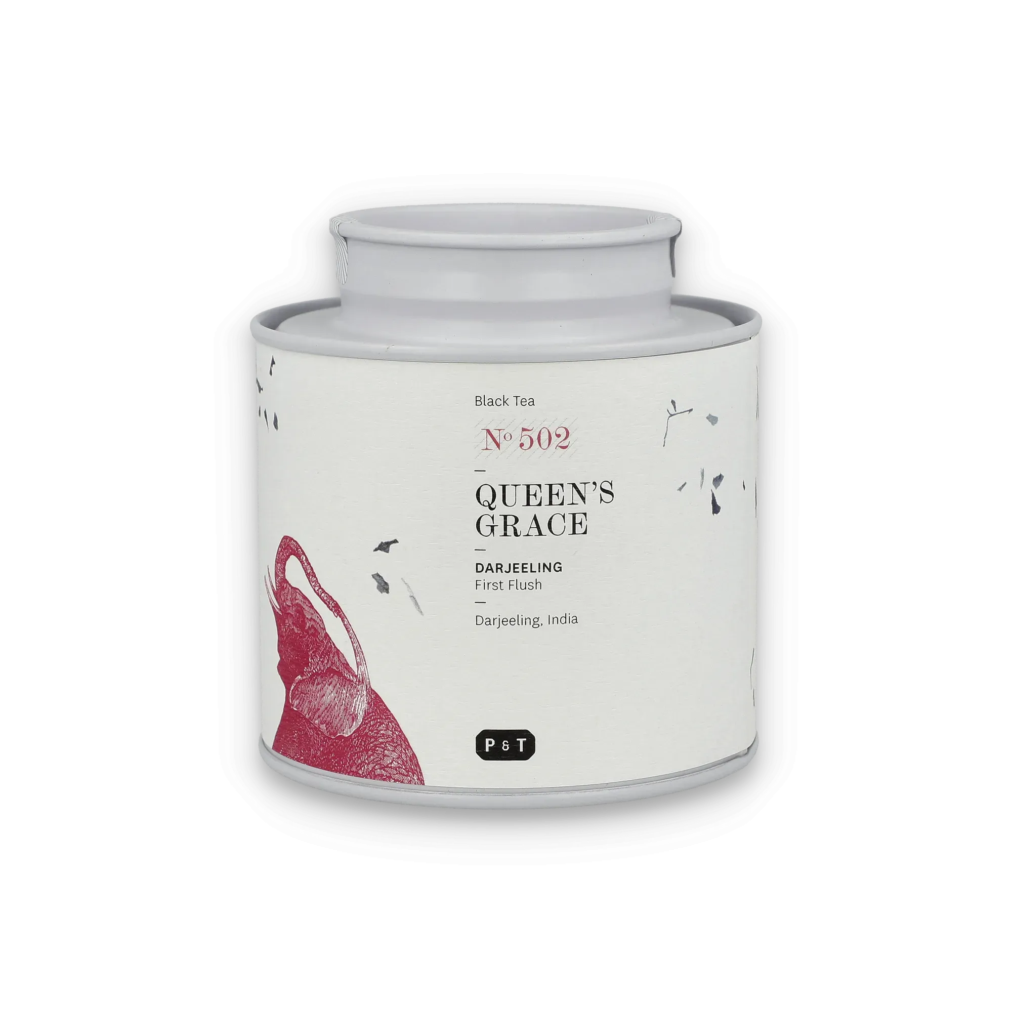 Zylinderförmige weiße Teedose mit elegantem schwarzen Text und Illustration eines roten Kranichs für Darjeeling Black Tea Nr. 502 von P & T.