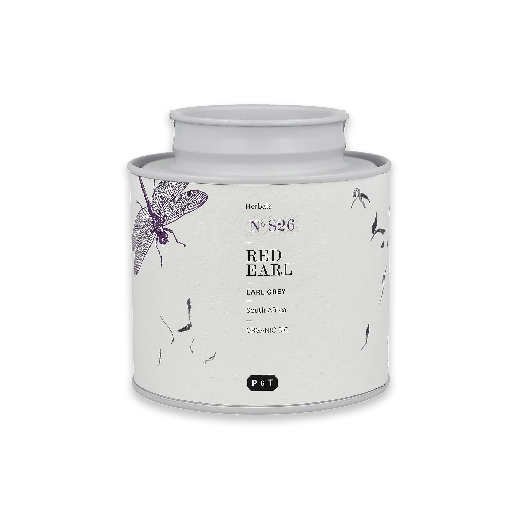 Weißer zylindrischer Tee-Behälter mit lila Libellen-Illustration und Aufschrift 'RED EARL'.