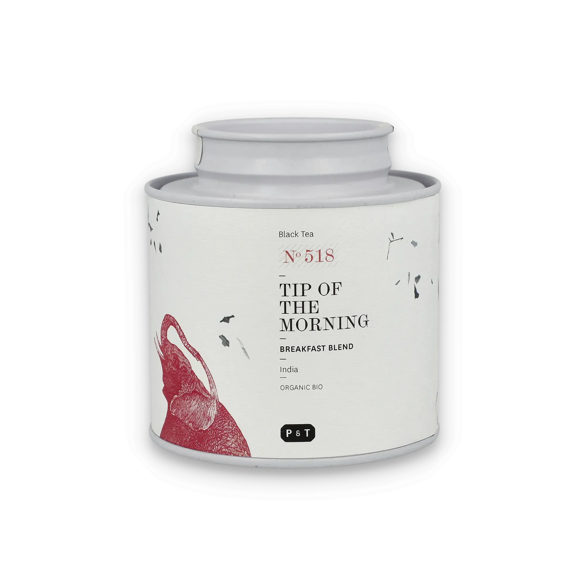 Weißer Teebehälter mit rotem Elefantenmotiv und Bio-Beschriftung von P & T.