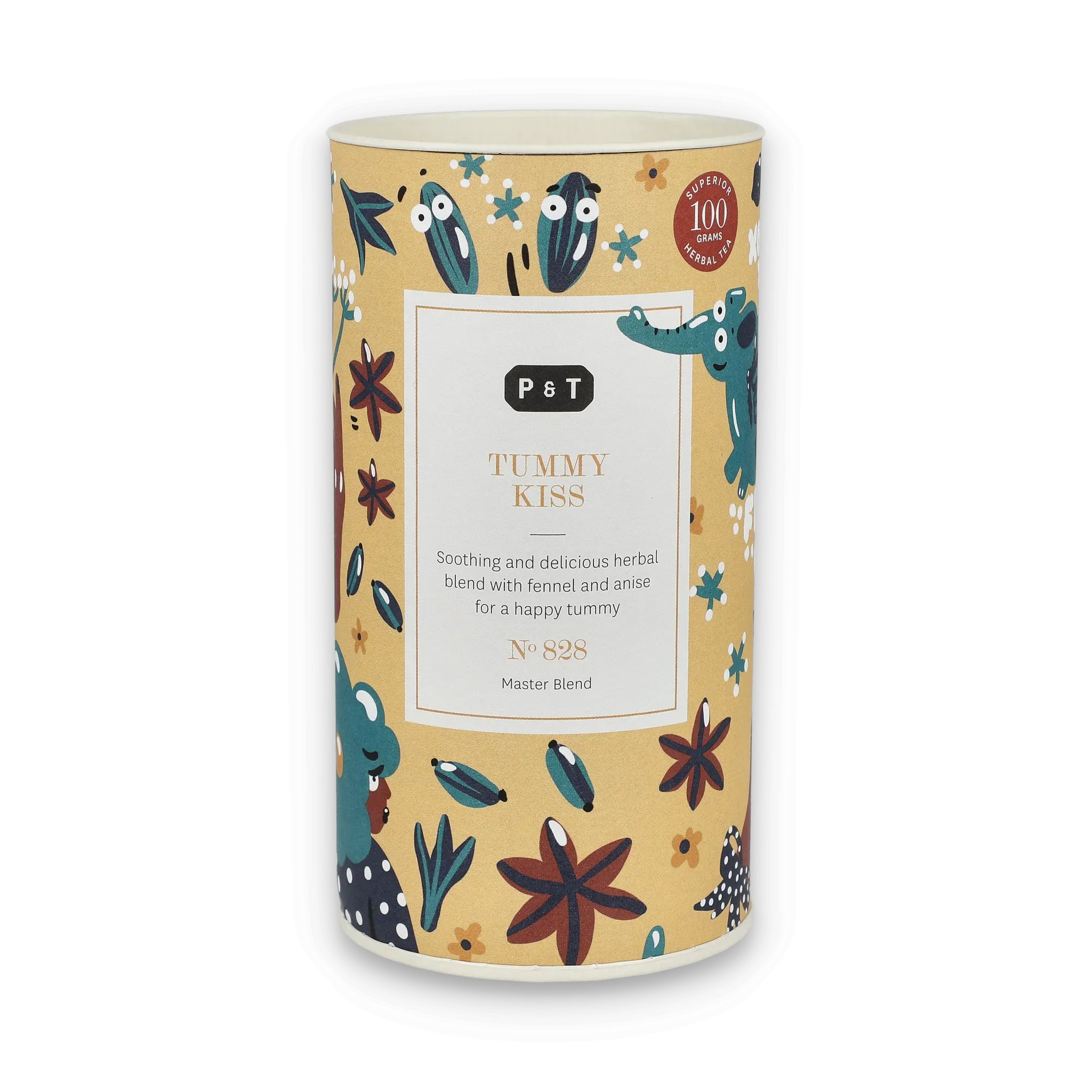 Zylindrische Teedose mit gelbem Etikett und verspielten Pflanzenillustrationen von P & T TUMMY KISS.