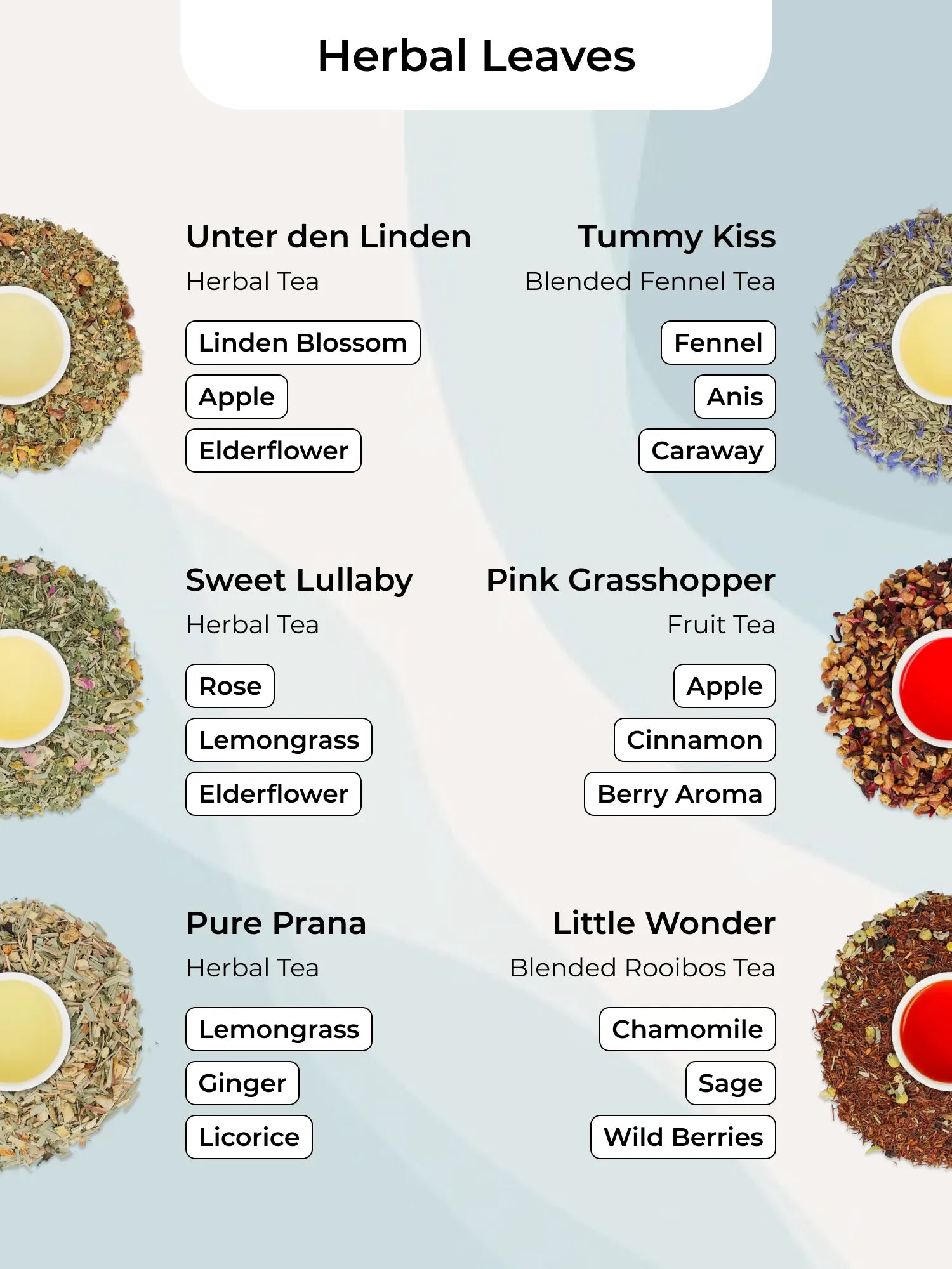 Sechs Paper & Tea Kräuter- und Früchtetee-Mischungen mit Tassen und Zutaten auf pastellfarbenem Hintergrund.