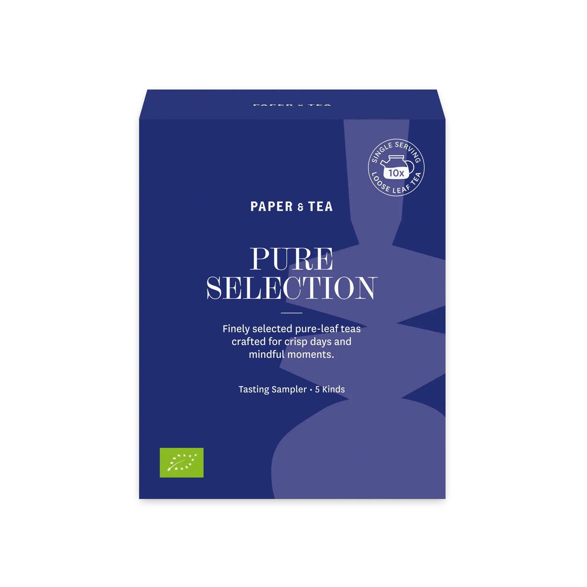 Blauer Teesampler-Karton von PAPER & TEA PURE SELECTION mit fünf losen Teesorten und Einzelportionen.
