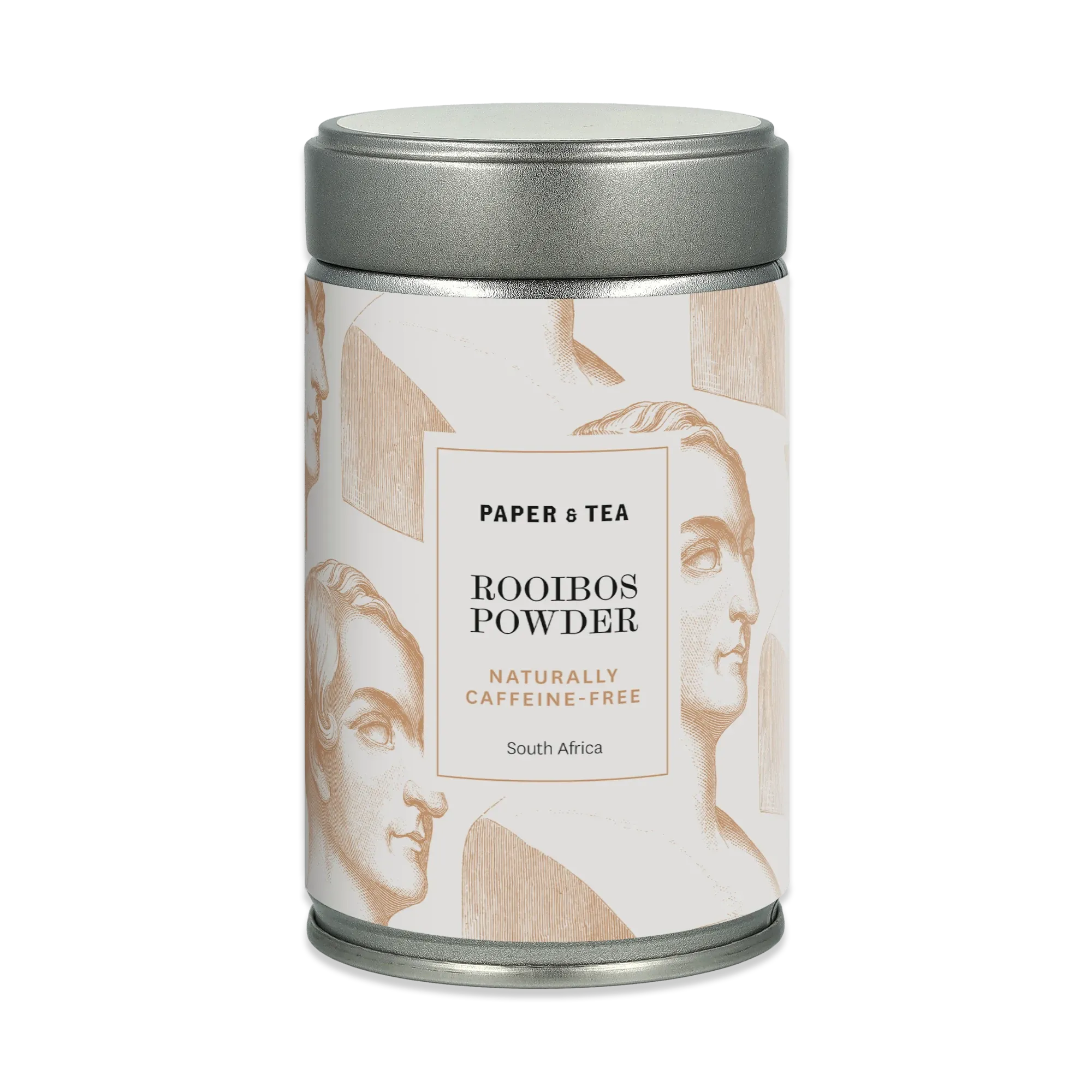 Silberne Metalldose mit weißem Etikett, sepiafarbener Männerkopf, PAPER & TEA Rooibos koffeinfrei.