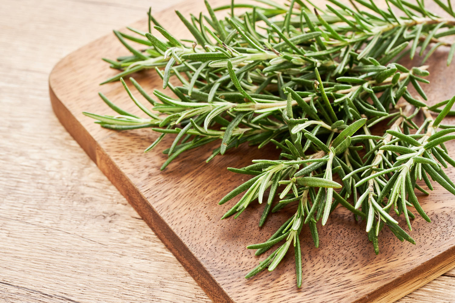 Frische Rosmarinzweige auf kleinem Holzbrett