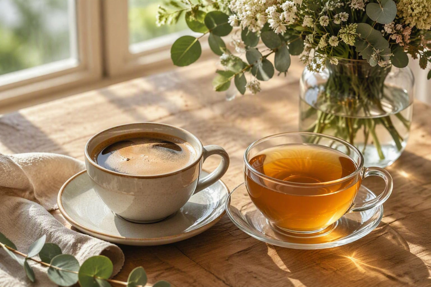 Tasse Kaffee und Glas mit Tee auf Holztisch neben Blumenstrauß