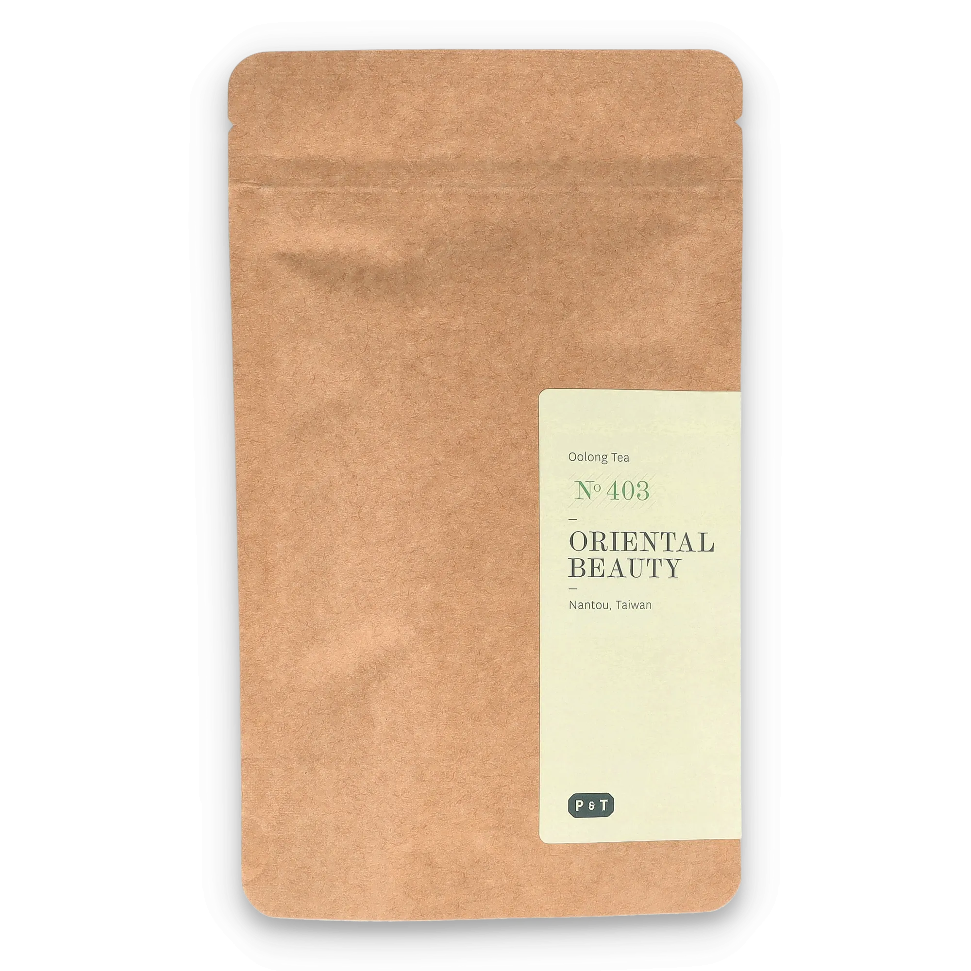 Braune Kraftpapierverpackung mit cremefarbenem Etikett für Paper & Tea Oolong Tee No 403 Oriental Beauty aus Taiwan.