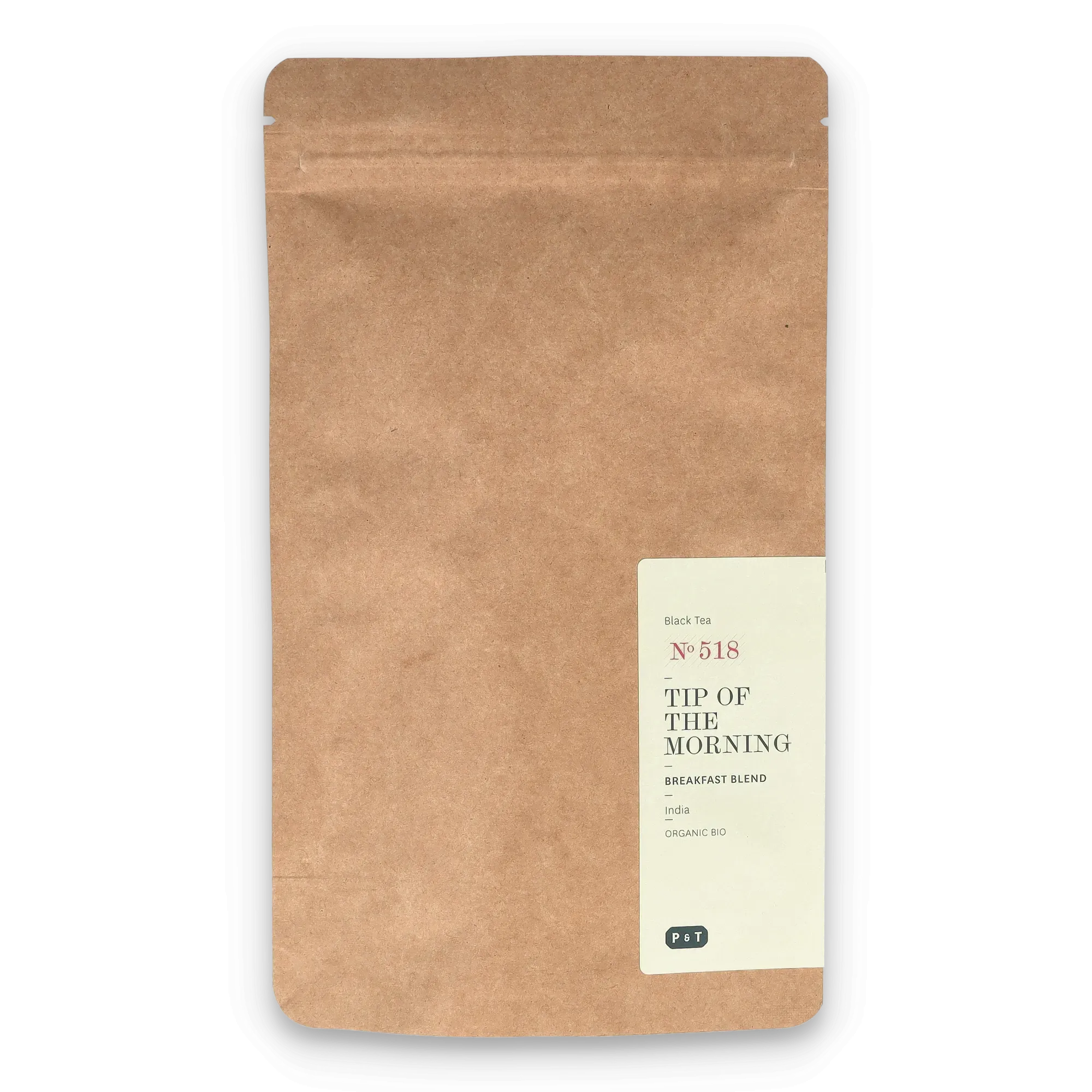 Braune Kraftpapier-Tüte mit Bio-Schwarztee 'Tip of the Morning', Frühstückstee aus Indien, Marke P & T.