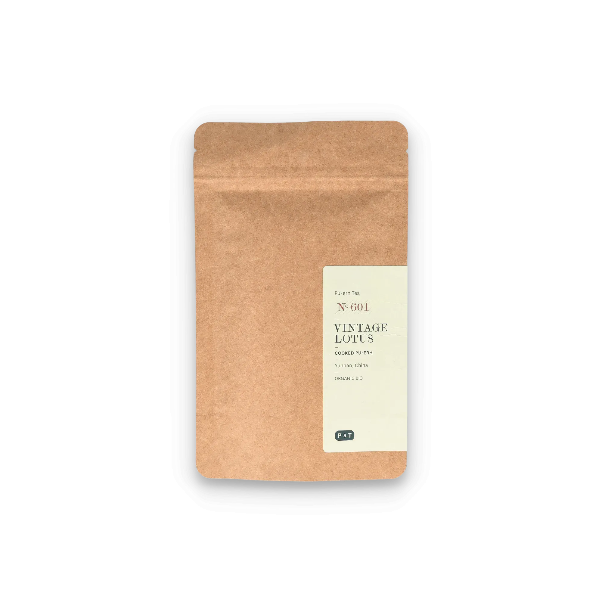 Braune Kraftpapierverpackung mit Etikett für Bio Pu-erh Tee 'Vintage Lotus' aus Yunnan