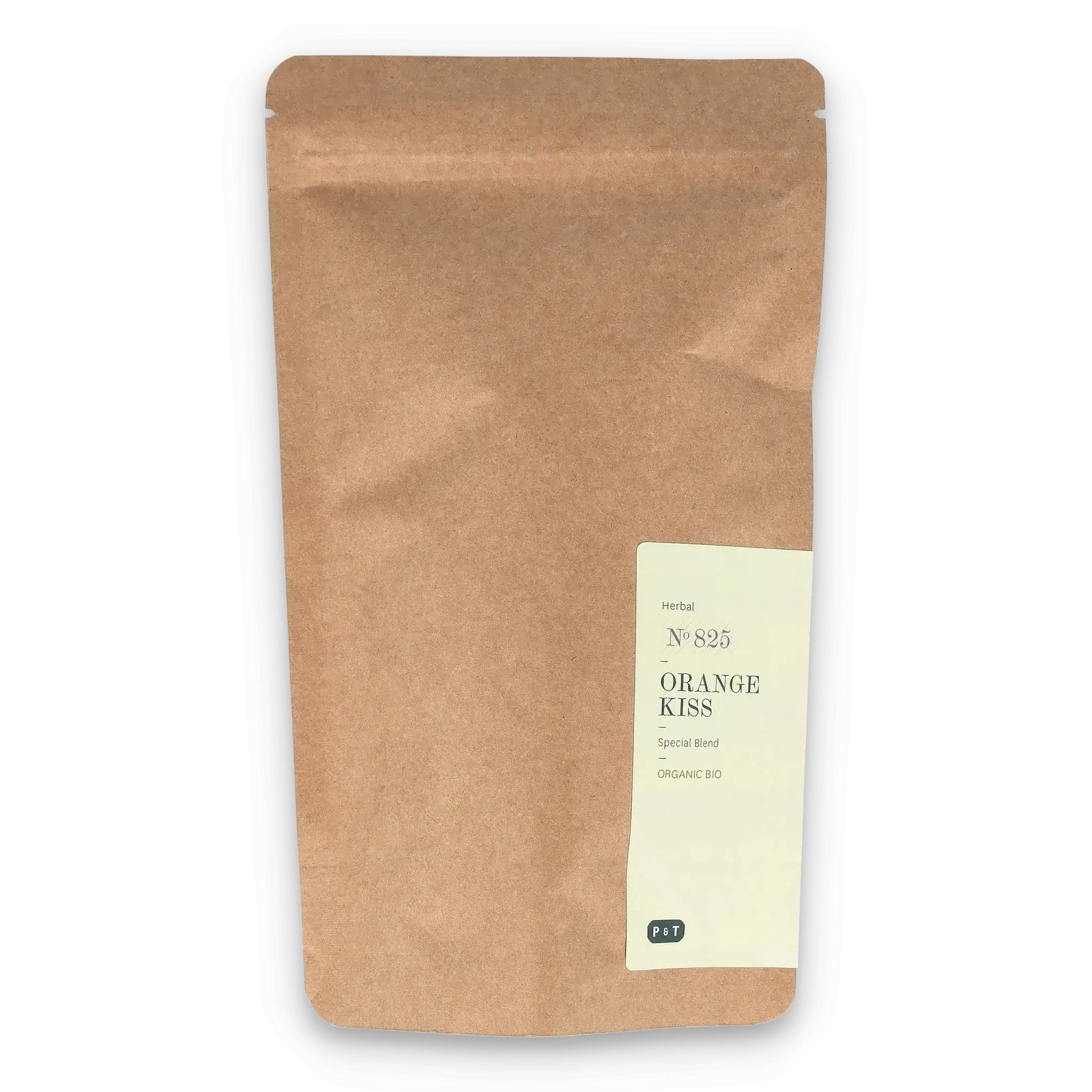 Braune Kraftpapier-Tasche mit weißem Etikett und ORANGE KISS Kräutertee von P & T.