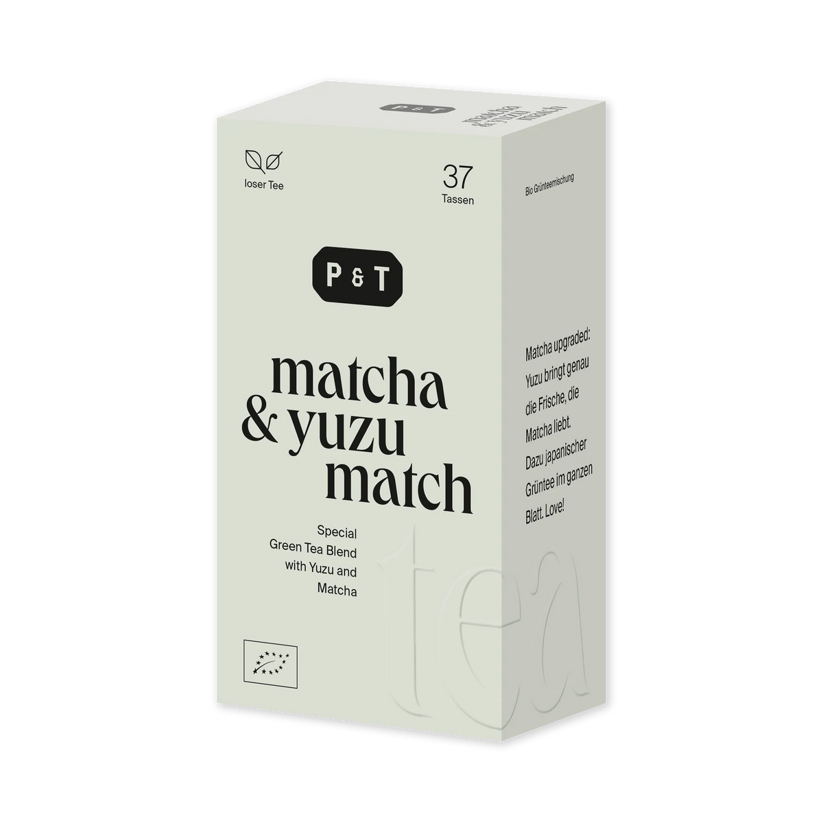 Hellgrüne Verpackung von P&T Matcha & Yuzu losem Tee für 37 Tassen, Bio-Grünteemischung.