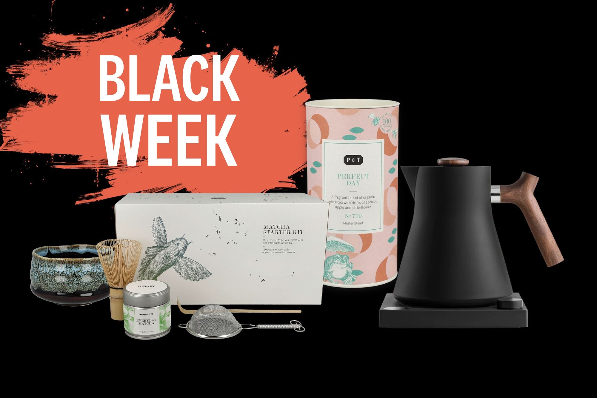 Paper & Tea Matcha Starter Kit mit Teeschale, Bambusbesen, Everyday Matcha, Weißtee und schwarzem Wasserkocher.