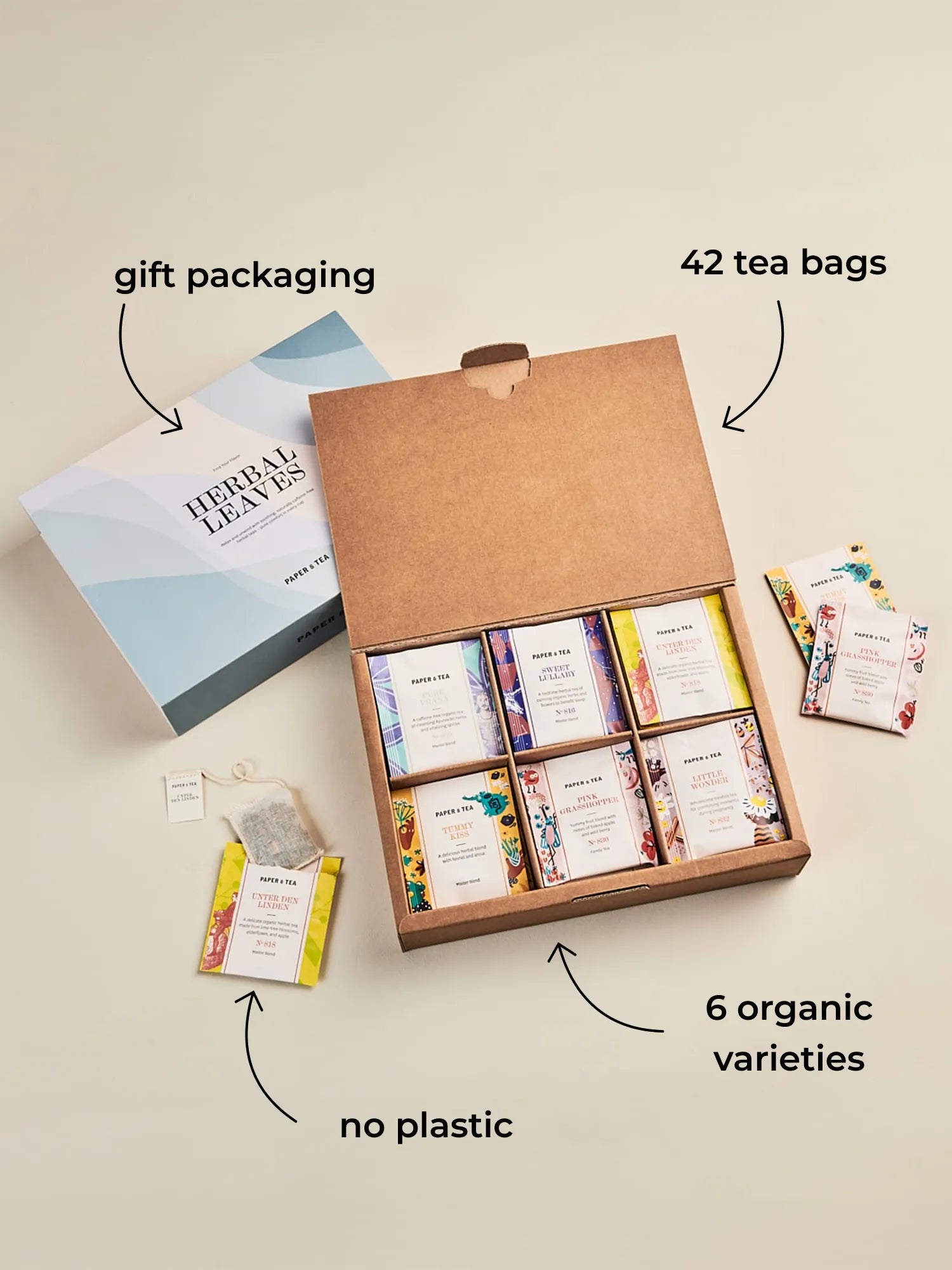 Geschenkset mit sechs BIO-Teedosen von PAPER & TEA, blauer HERBAL LEAVES Verpackung, plastikfreie Teebeutel.