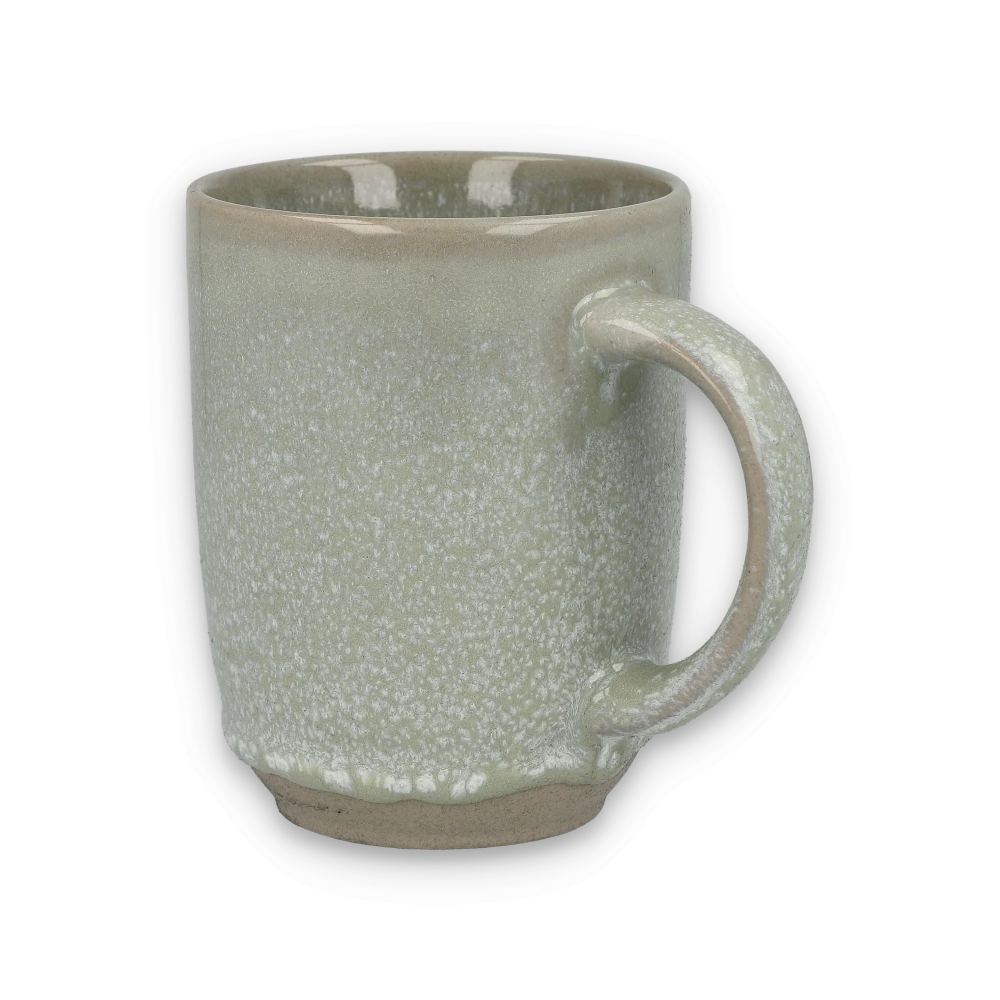 Handgefertigte Keramiktasse mit hellgrauer Sprenkelglasur auf schwarzem Hintergrund.
