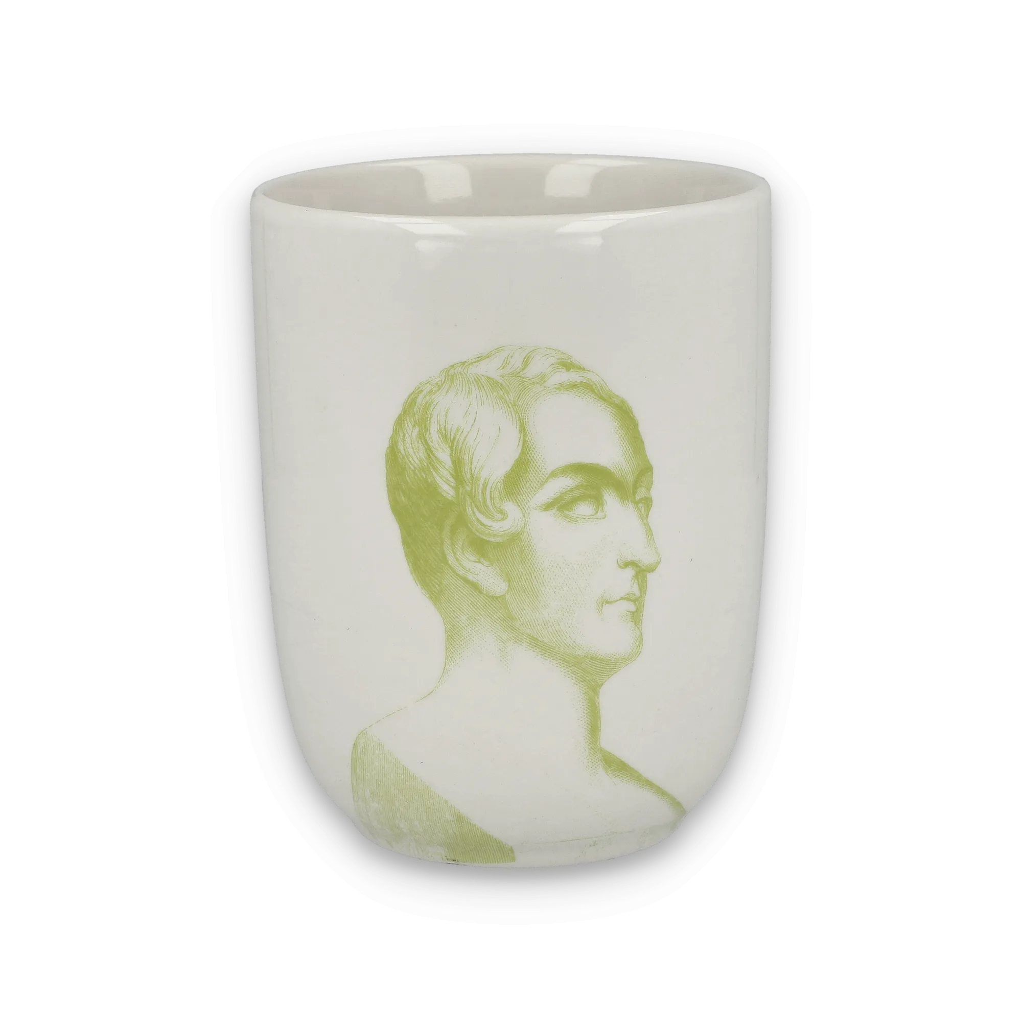 Weiße Keramiktasse mit grüner Illustration einer männlichen Büste, ideal für stilvollen Teegenuss.