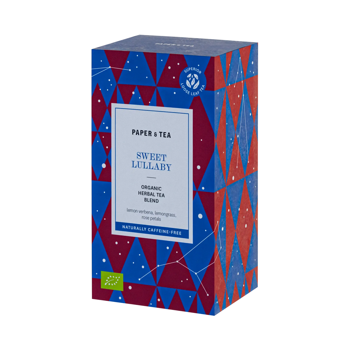 Verpackung von Paper & Tea Sweet Lullaby, bio Kräutertee mit Zitrusverbene, koffeinfrei.