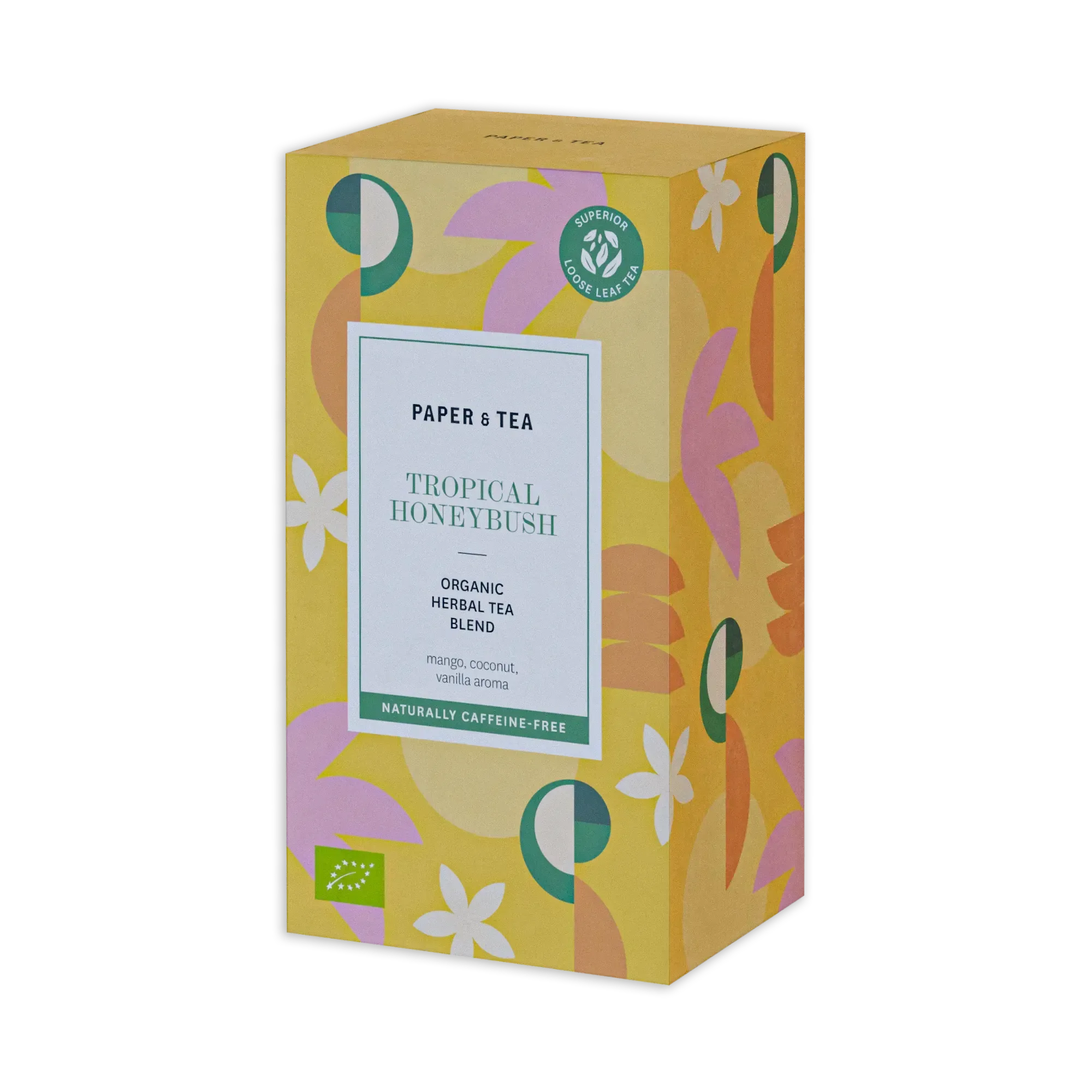 PAPER & TEA Tropical Honeybush Bio-Kräutertee mit Mango, Kokos und Vanille, koffeinfrei, pastellfarbene Verpackung mit abstraktem Blumenmuster