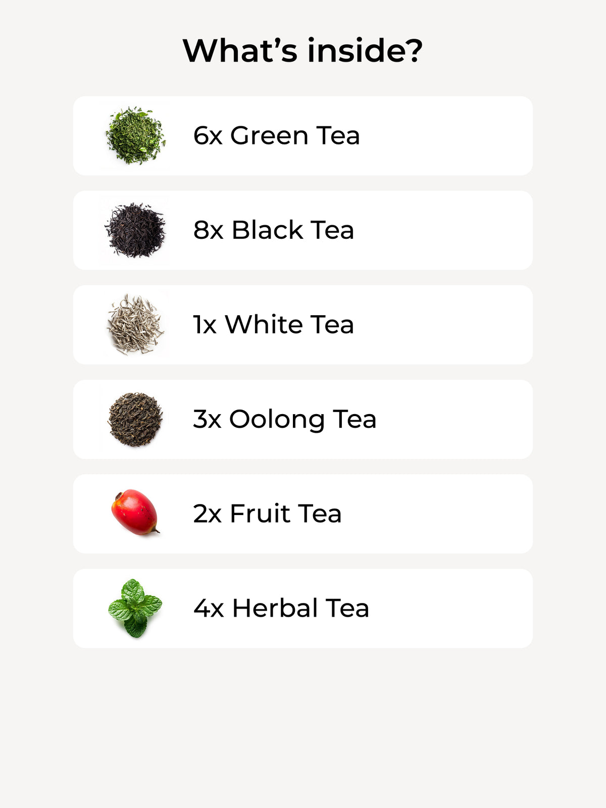Teesortenliste: 6 Grüntee, 8 Schwarztee, 1 Weißtee, 3 Oolong, 2 Früchtetee, 4 Kräutertee auf Beige.