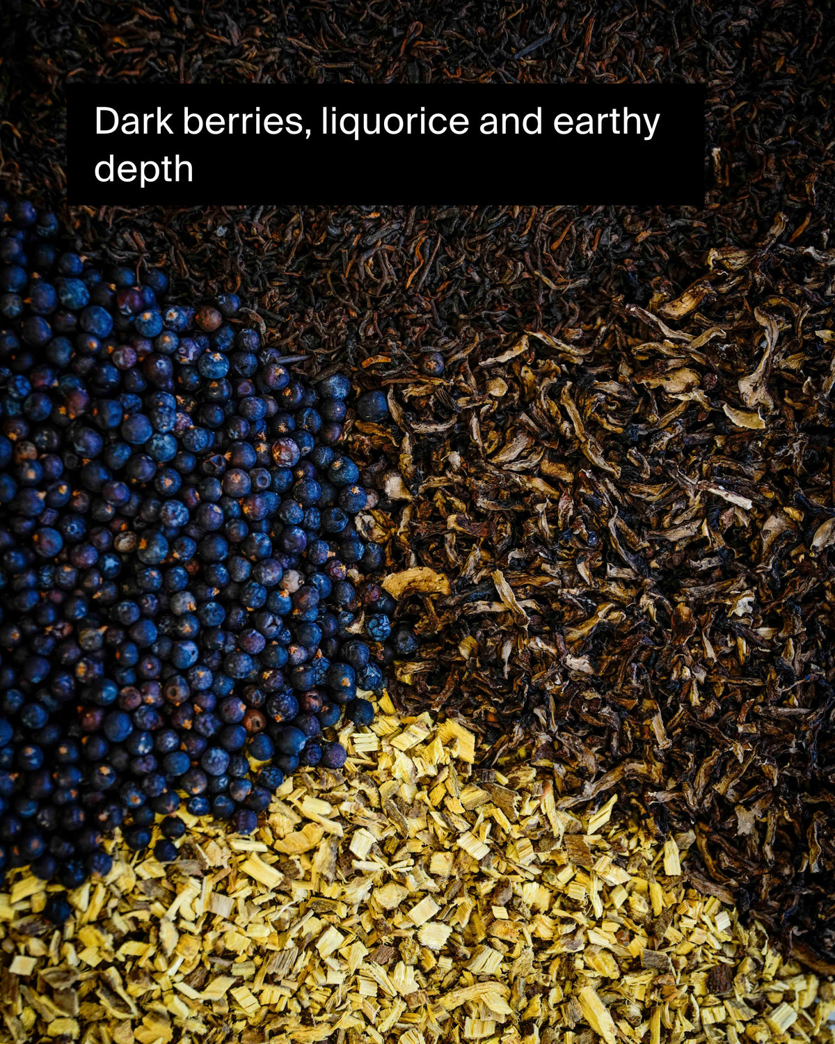 Nahaufnahme von dunklen Beeren, getrockneten Teeblättern und Holzstückchen mit Lakritz-Aromen.