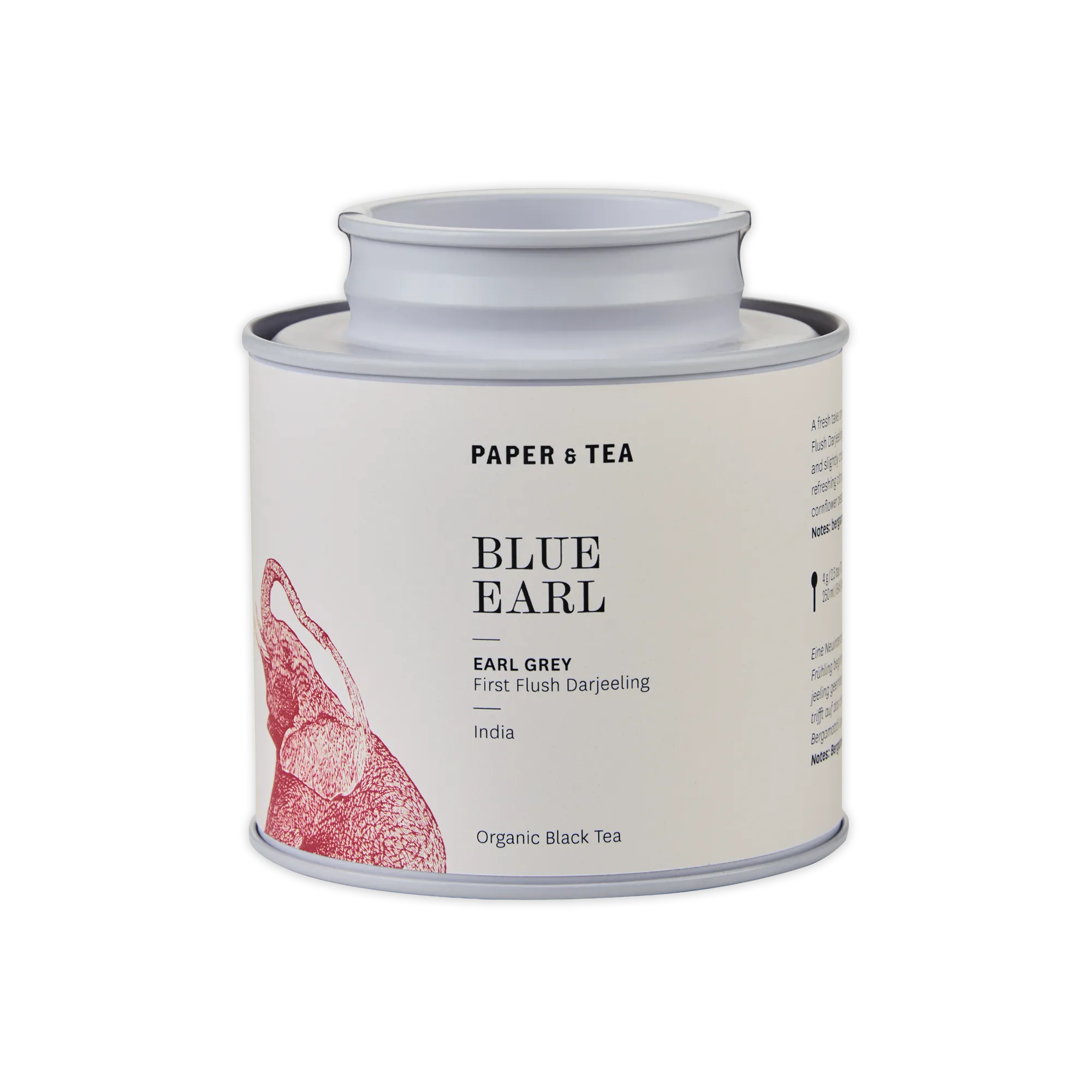 Zylindrische Teedose mit grauem Deckel und roter Illustration, beschriftet mit P&T Blue Earl Organic Black Tea.