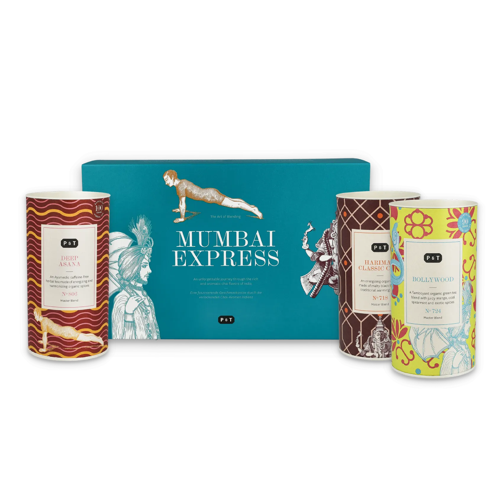 Stilvolle Teeverpackungssets mit MUMBAI EXPRESS Tee in türkisfarbenem Kasten und drei bunten P & T Teedosen.