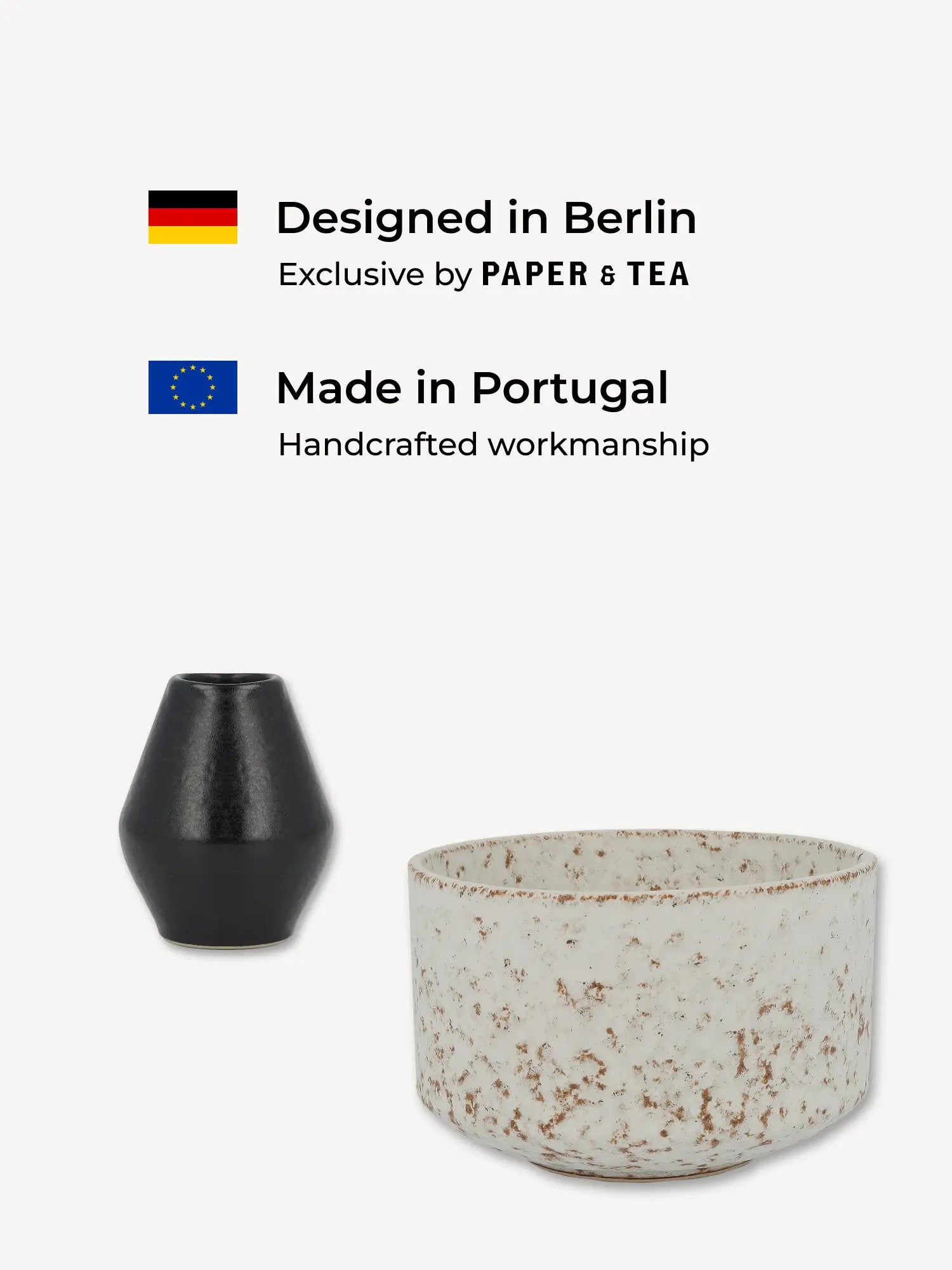 Schwarzer Keramiktopf und weiß-braun gefleckte Schale mit Text über handgefertigte Qualität aus Europa.